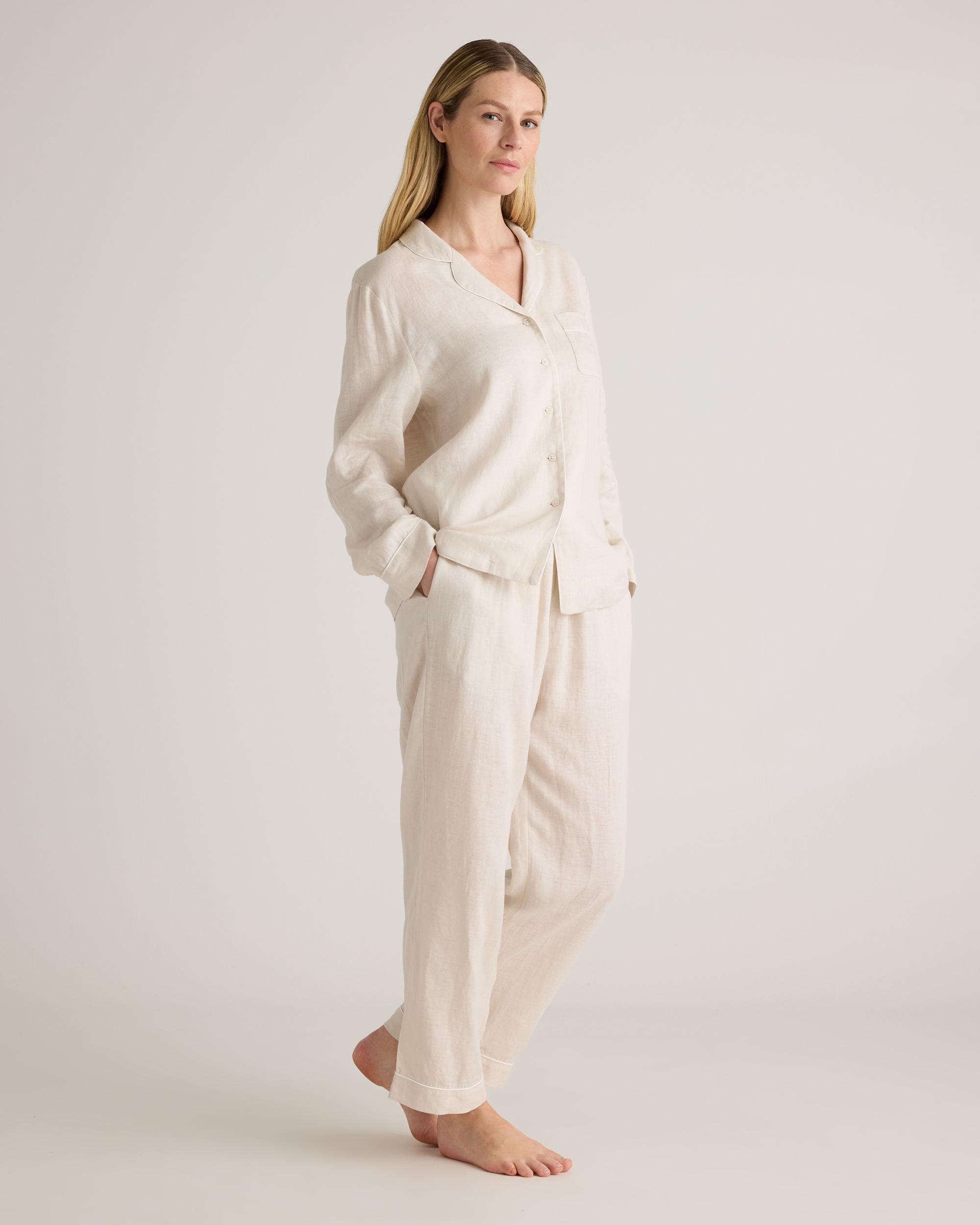 Quince | Women's 100% European Linen Long Sleeve Pajama Set with Piping Product Image