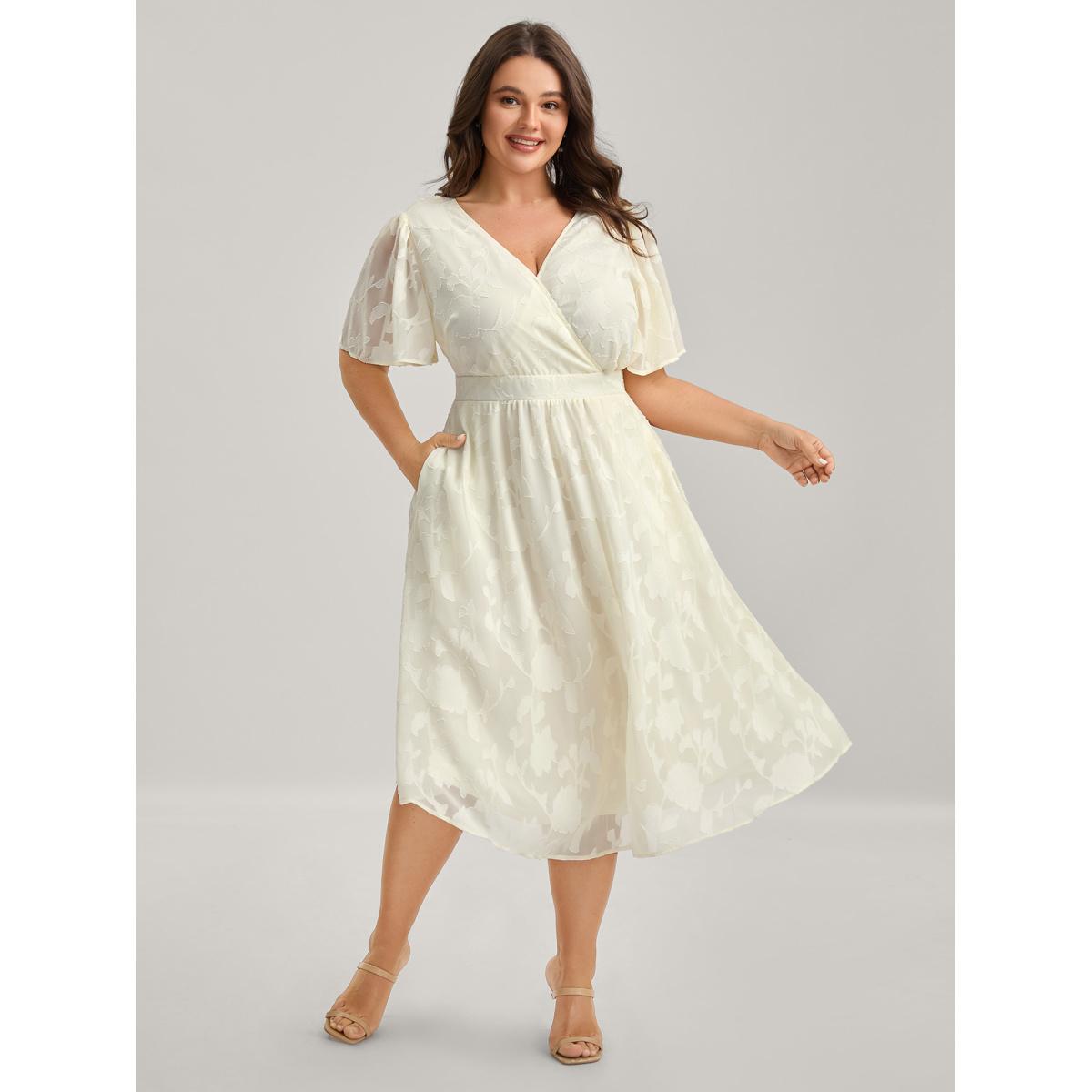 Plus Size Back Tie-Up Sheer Textured Midi Dress Beige Women Overlapping Overlap Collar Short sleeve Curvy BloomChic 14-16/1X Product Image