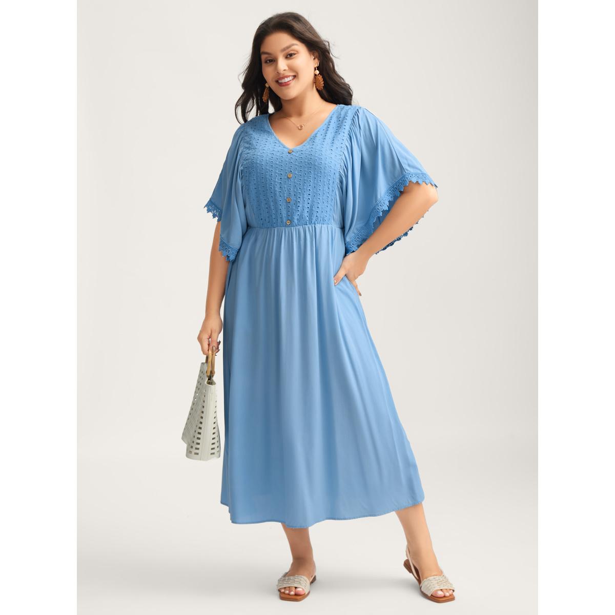 Plus Size Eyelet Trim Stretchy Flowy Sleeve Midi Dress Skyblue Women V-neck Short sleeve Curvy BloomChic 14-16/1X Product Image