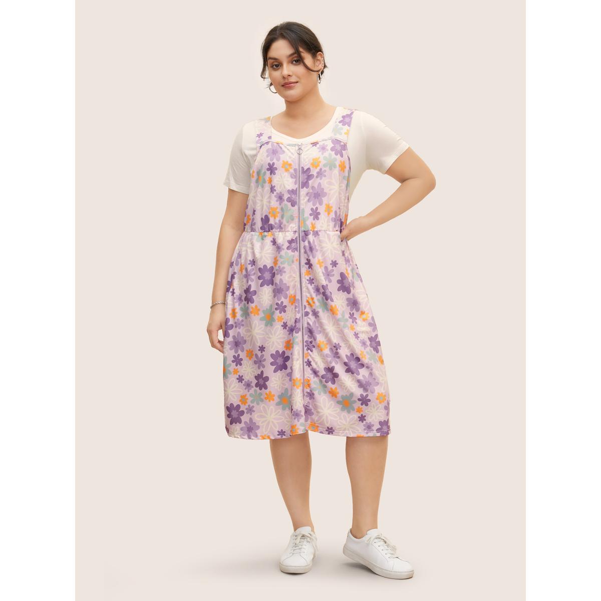 Plus Size Contrast Floral Zipper Sleeveless Midi Dress Lilac Women Casual Non Non Sleeveless Curvy BloomChic 18-20/2X Product Image
