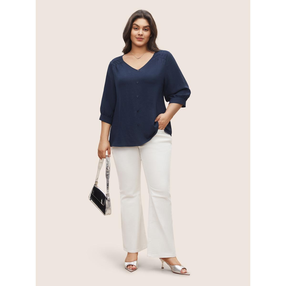 Plus Size Indigo Solid Button Detail Gathered Lantern Sleeve Blouse Women Work From Home Elbow-length sleeve V-neck Work Blouses BloomChic 12/L Product Image