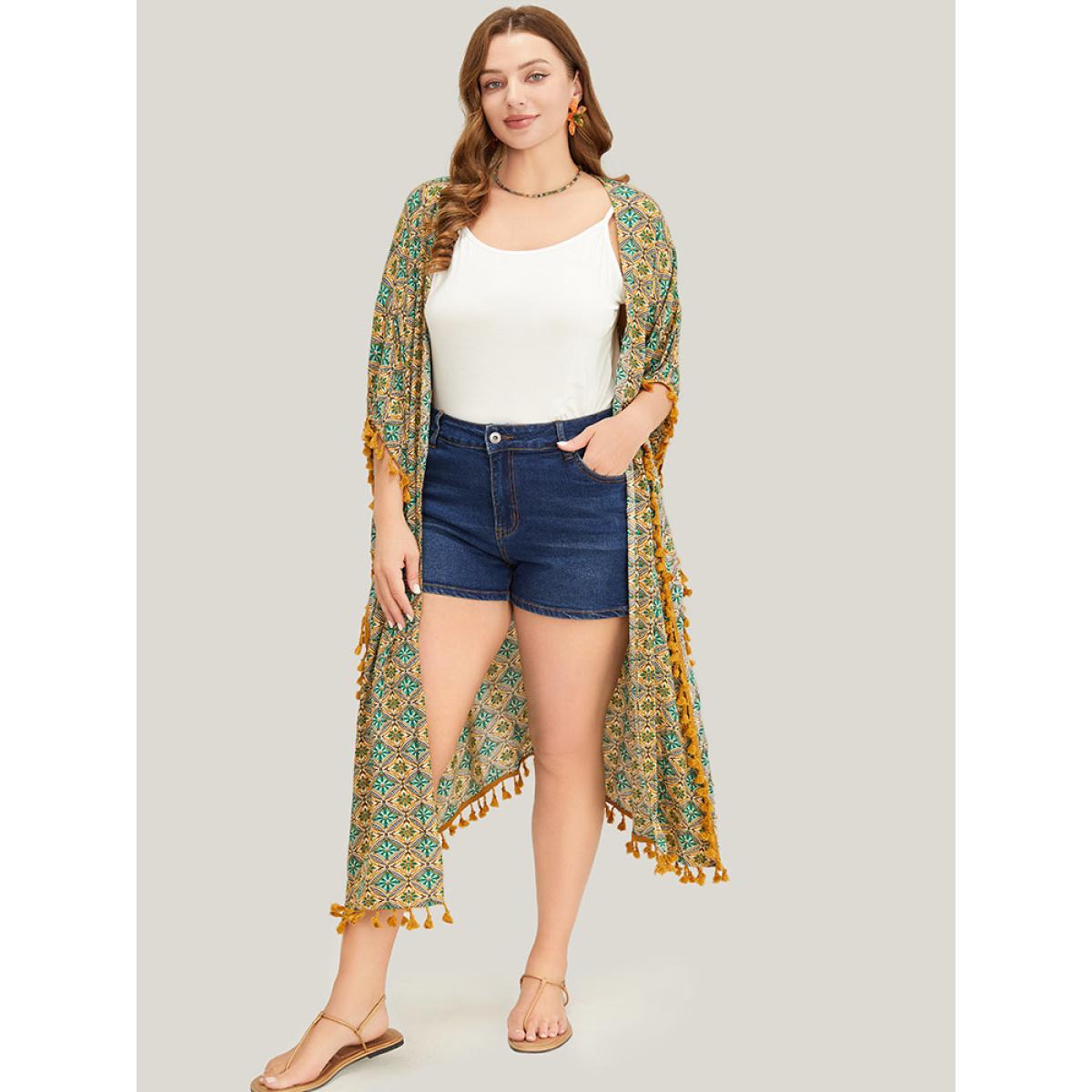 Plus Size Bandana Batwing Sleeve Tassels Trim Split Open Front Kimono Women Mint Vacation Loose Belt Dailywear Kimonos BloomChic 22-24/3X Product Image