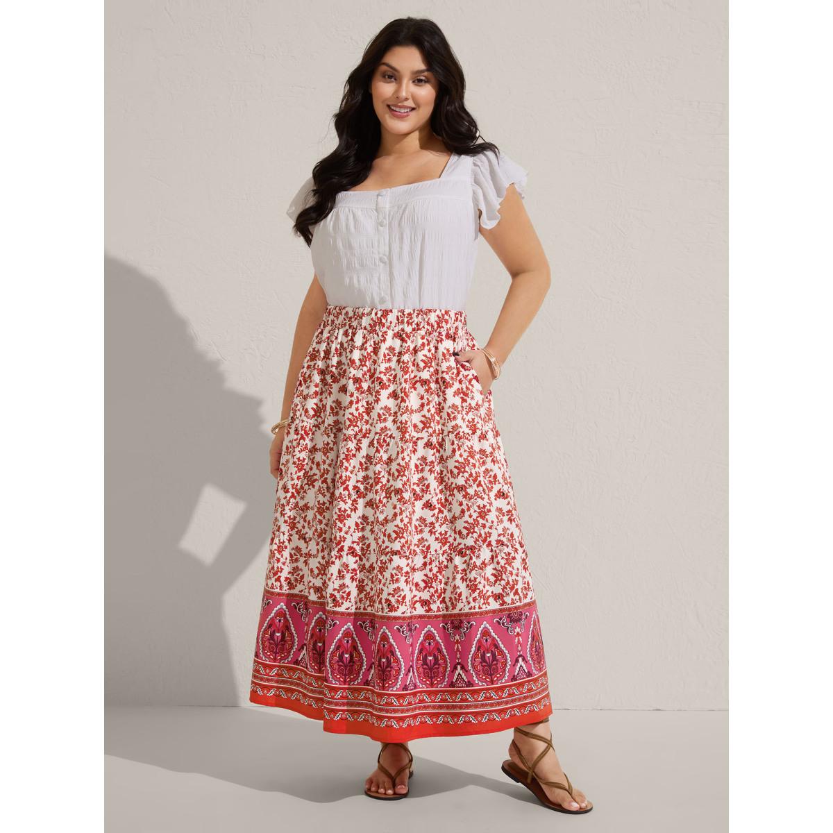 Plus Size Floral Boho Print Tiered Maxi Skirt Women Salmon Loose No stretch Side seam pocket Vacation Skirts BloomChic 14-16/1X Product Image