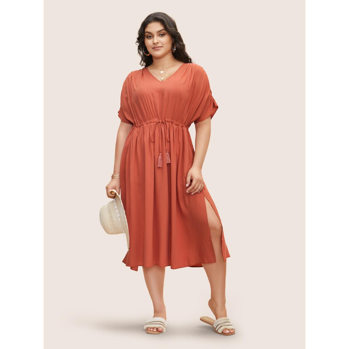 Plus Size Solid Drawstring Gathered Dolman Sleeve Dress Coral Women Resort Gathered V-neck Half Sleeve Curvy BloomChic 28/5X Product Image