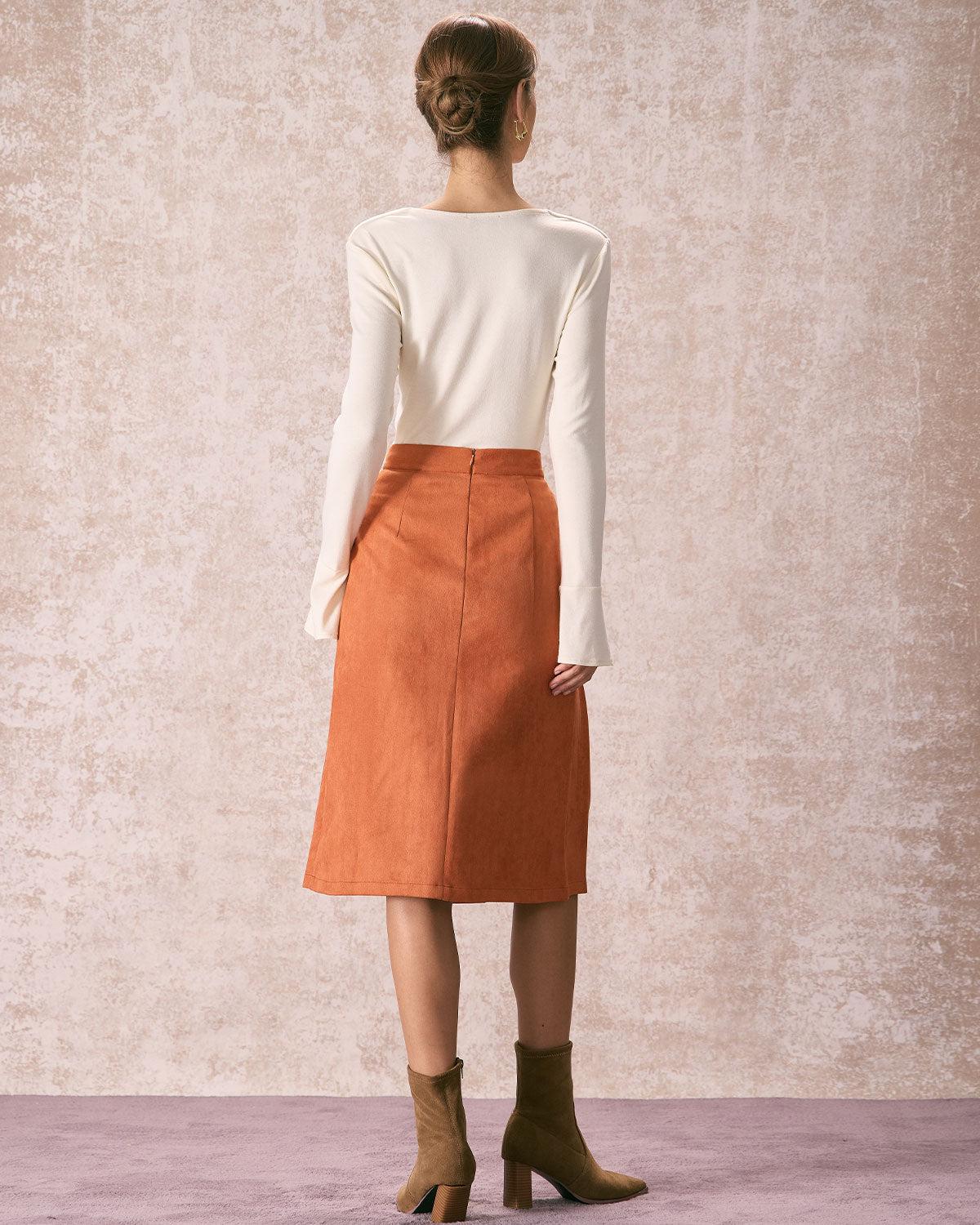 The Orange High Waisted Suede Midi Skirt Product Image