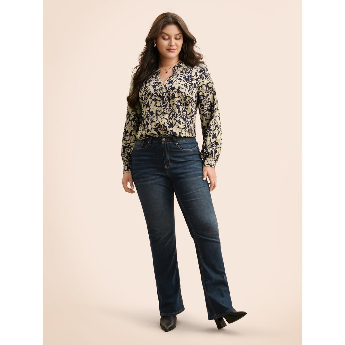 Plus Size Indigo Silhouette Floral Print Notched Frill Trim Blouse Women Elegant Long Sleeve Notched collar Everyday Blouses BloomChic 14-16/1X Product Image