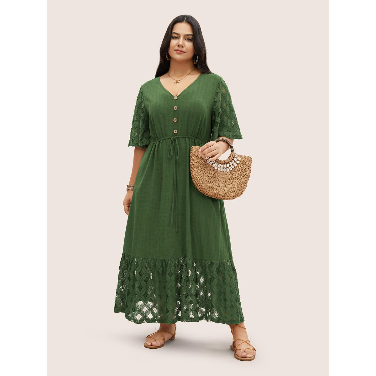 Plus Size Crochet Lace Mesh Button Detail Drawstring Dress Emerald Women Resort Tie knot V-neck Half Sleeve Curvy Midi Dress BloomChic 12/L Product Image