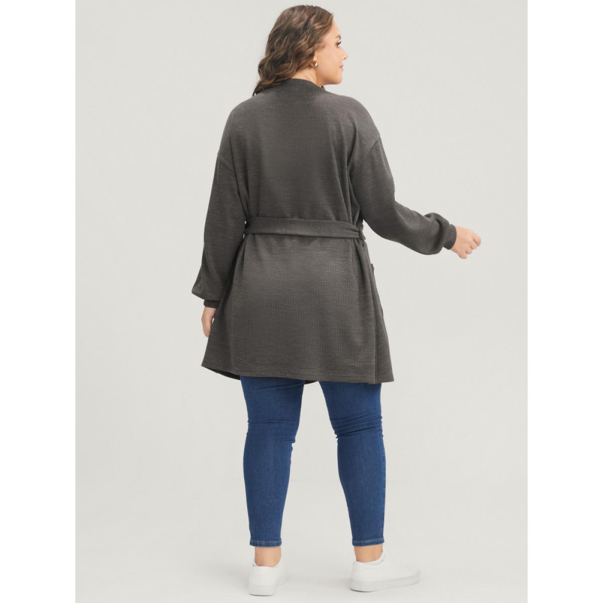 Plus Size Solid Pocket Belted Open Front Heather Coat Women DarkGray Casual Heather Ladies Dailywear Winter Coats BloomChic 28/5X Product Image