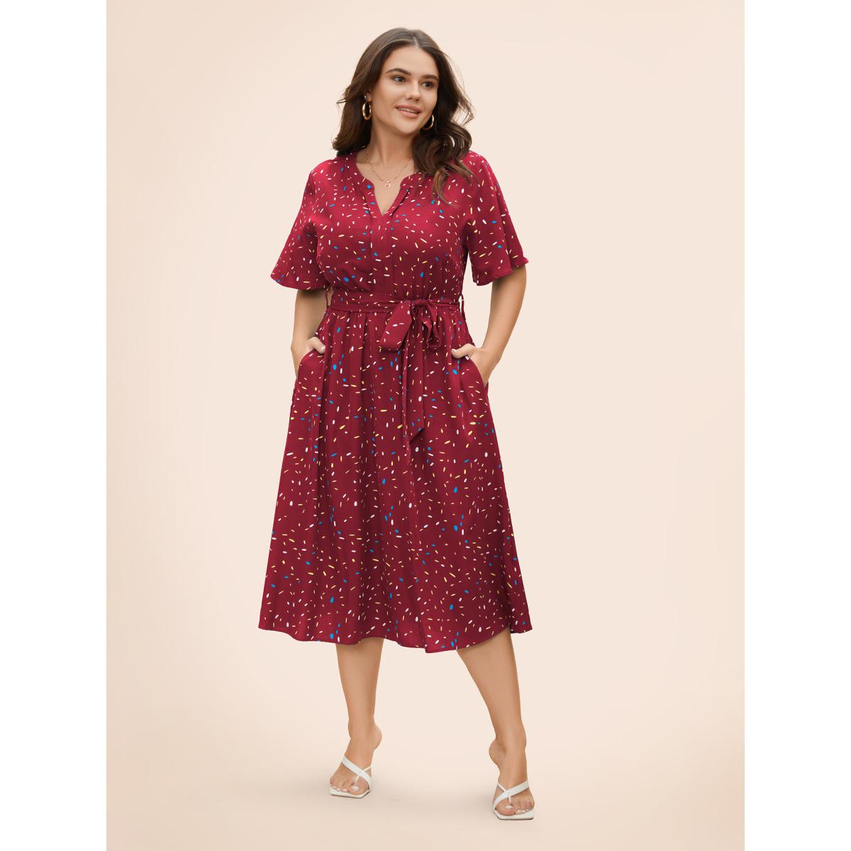 Plus Size Split Neck Confetti Print Midi Dress Burgundy Women Elegant Belted Notched collar Short sleeve Curvy BloomChic 14-16/1X Product Image