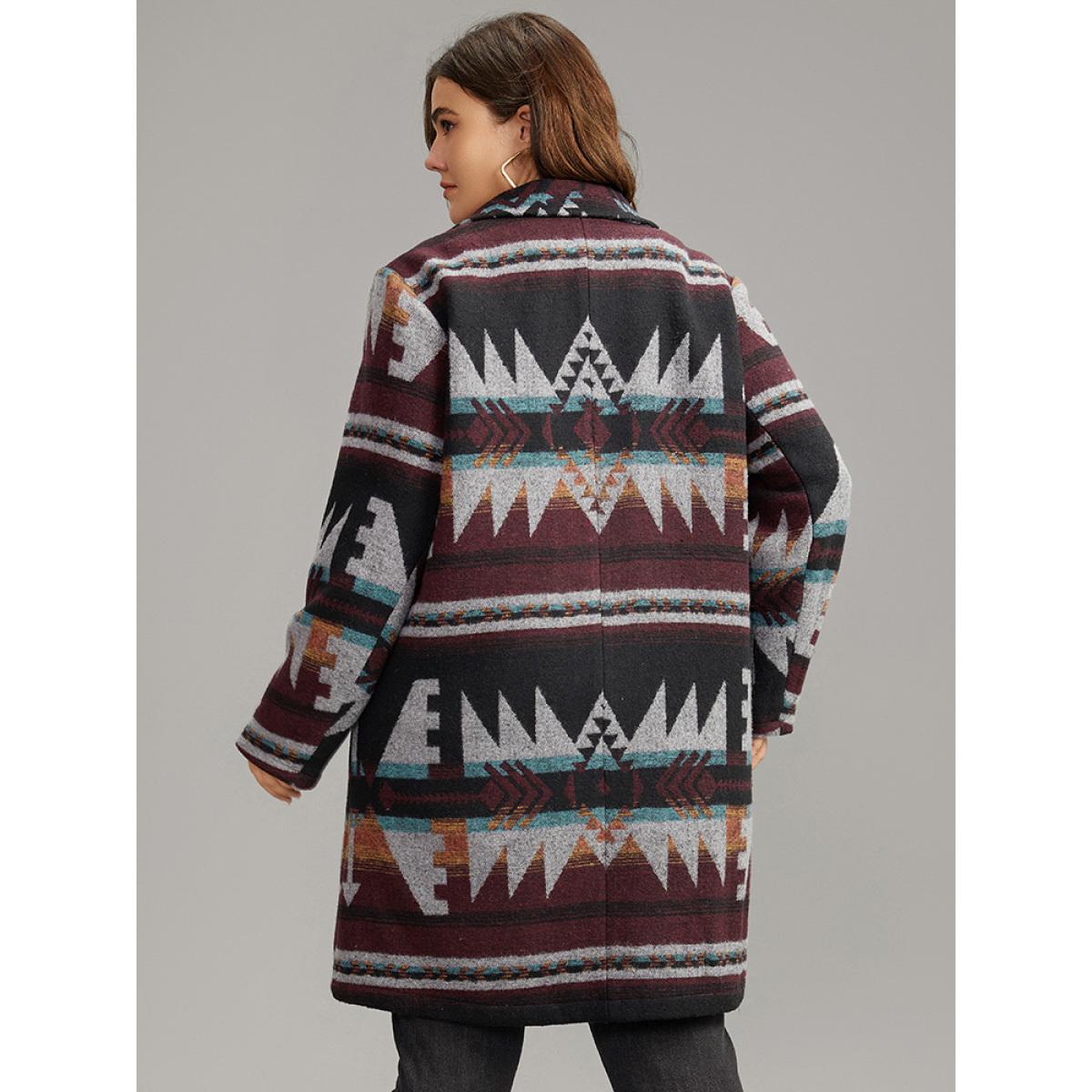 Plus Size Geometric Button Up Lapel Collar Coat Women DarkBrown Casual Printed Ladies Dailywear Winter Coats BloomChic 10/M Product Image