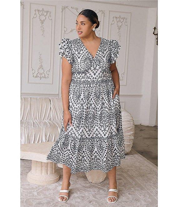 Sugarlips Plus Zayla Floral/Geometric Eyelet-Embroidered Poplin Midi Dress Product Image