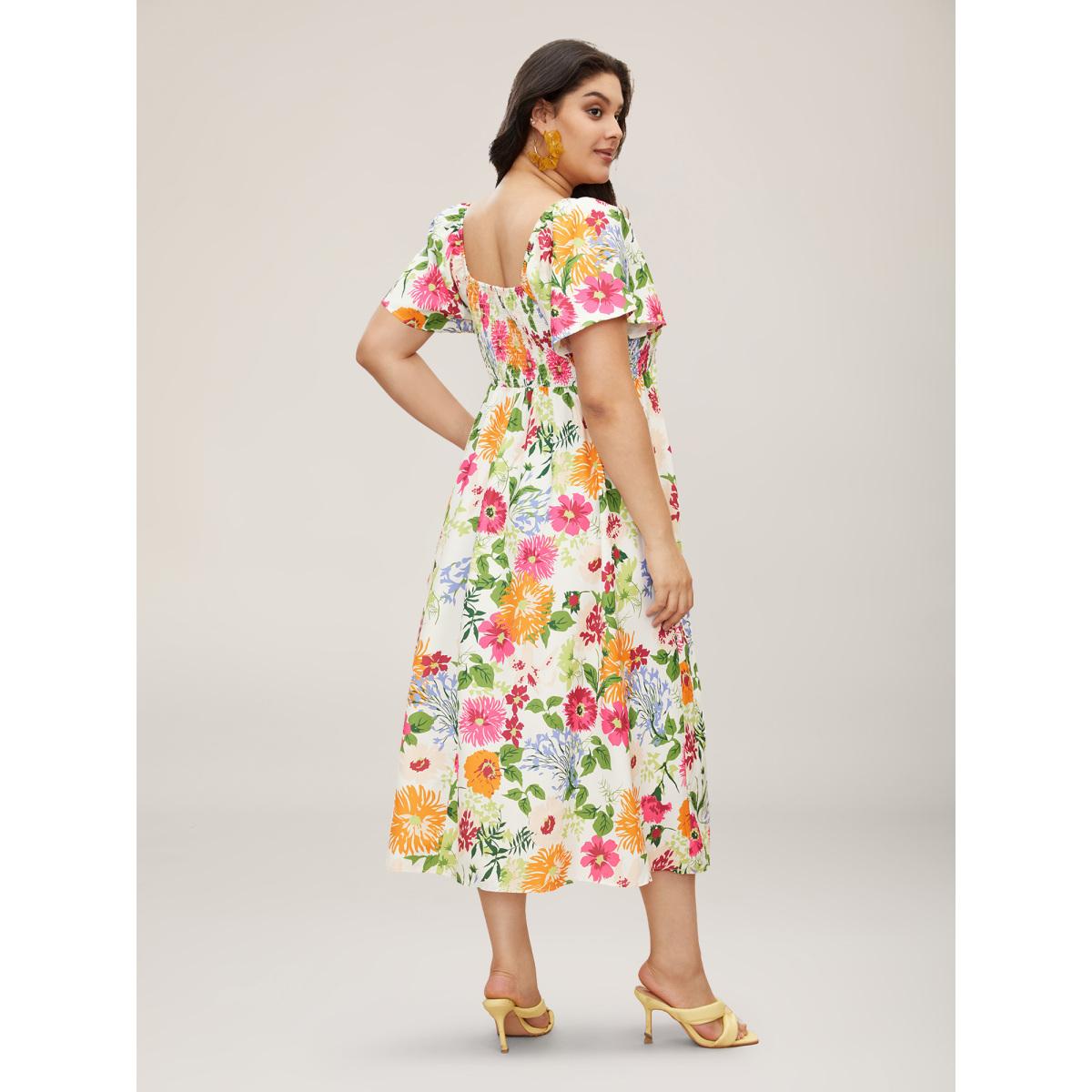 Plus Size Floral Shirred Square Neck Pocket Midi Dress Multicolor Women Romantic Non Square Neck Short sleeve Curvy Midi Dress BloomChic 10/M Product Image