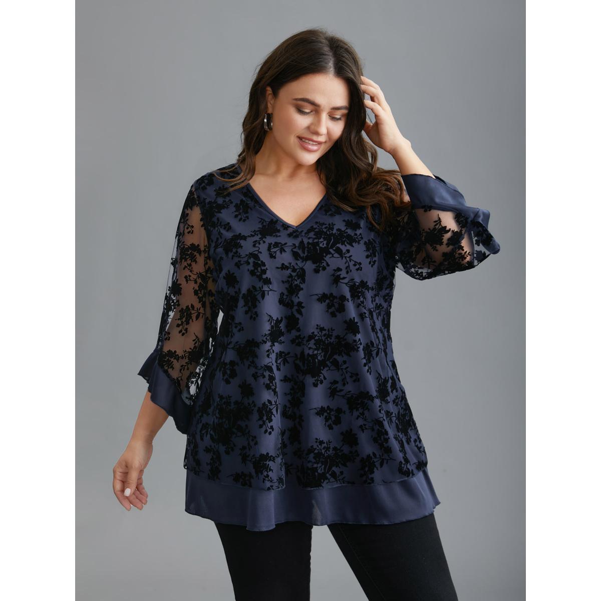 Plus Size Indigo Floral Flocking Mesh Asymmetrical Hem Blouse Women Timeless Three Quarter Length Sleeve V-neck Elegant Blouses BloomChic 10/M Product Image