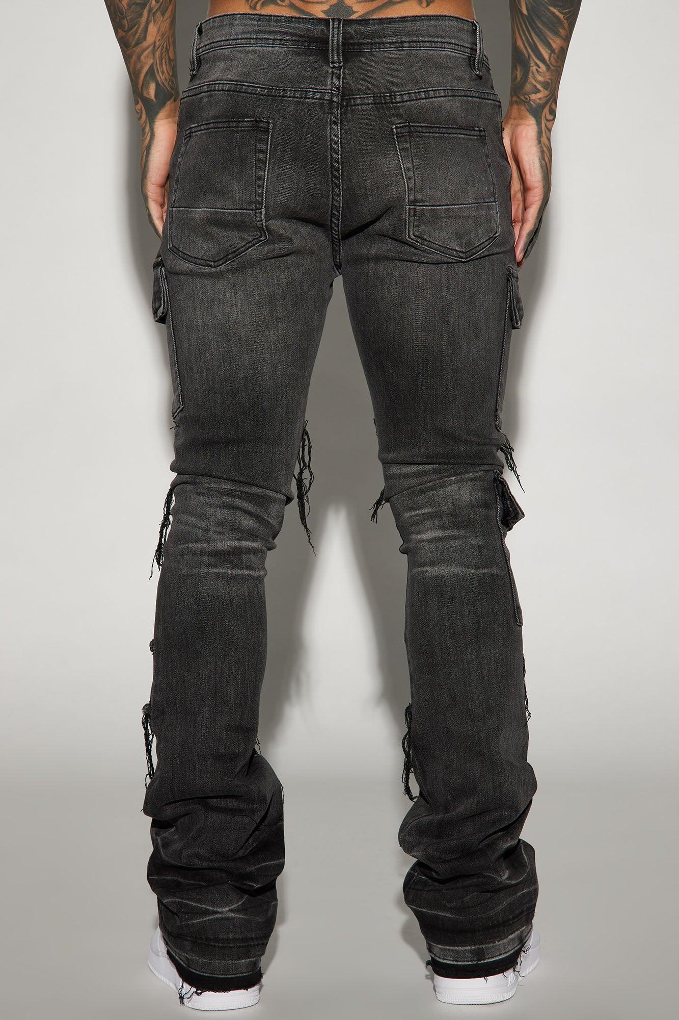 Side Snap Cargo Stacked Skinny Flare Jeans - Black Wash Product Image