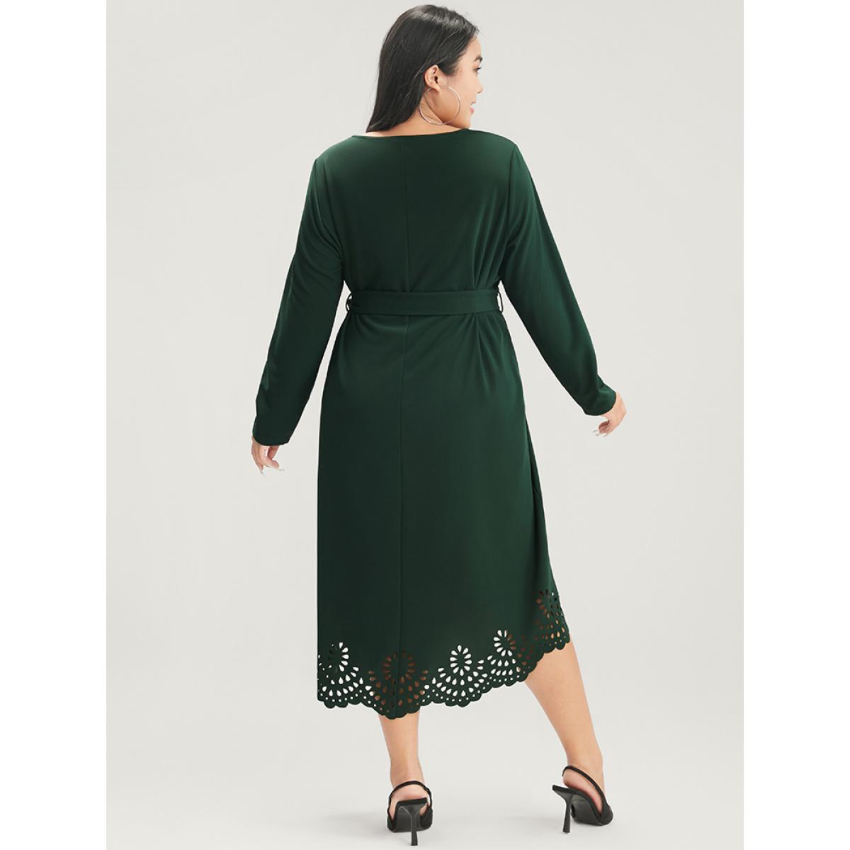 Plus Size Solid Pocket Laser Cut Asymmetrical Hem Belted Dress DarkGreen Women Casual Belted Round Neck Long Sleeve Curvy Midi Dress BloomChic 18-20/2X Product Image