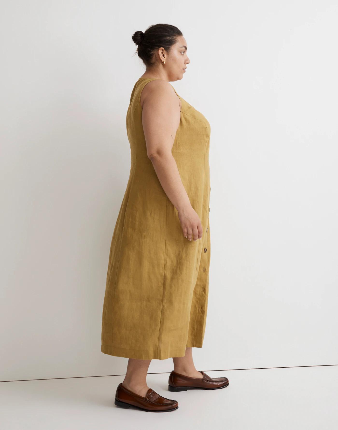 Plus 100% Linen Button-Front Midi Dress Product Image