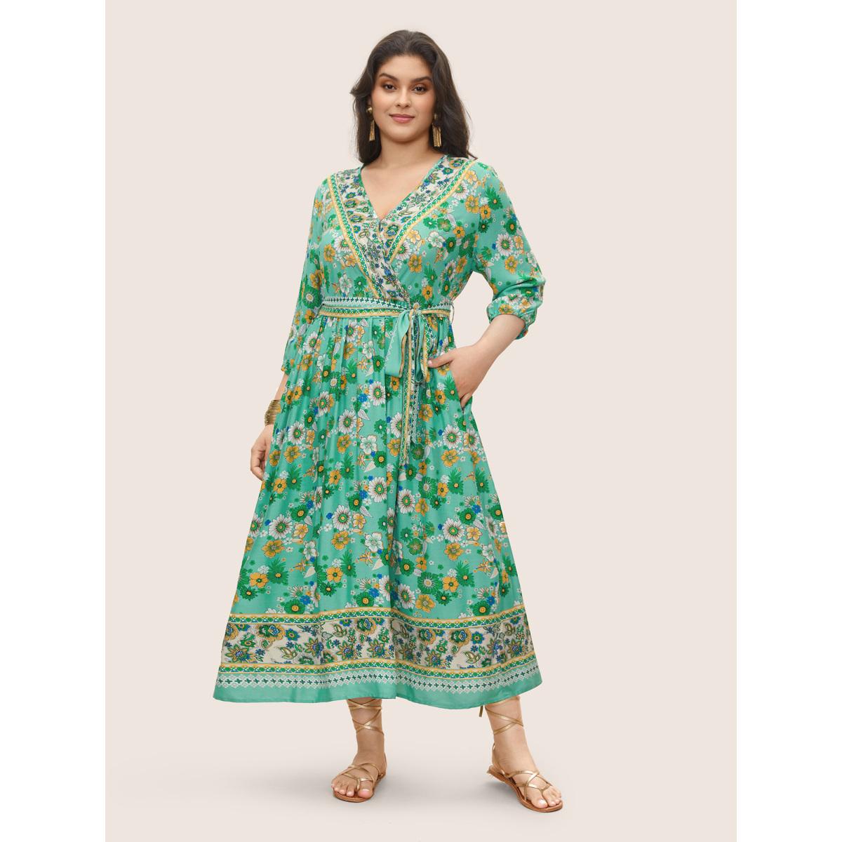 Plus Size Bandana Print Surplice Neck Lantern Sleeve Dress Emerald Women Resort Overlapping Overlap Collar Elbow-length sleeve Curvy Midi Dress BloomChic 18-20/2X Product Image