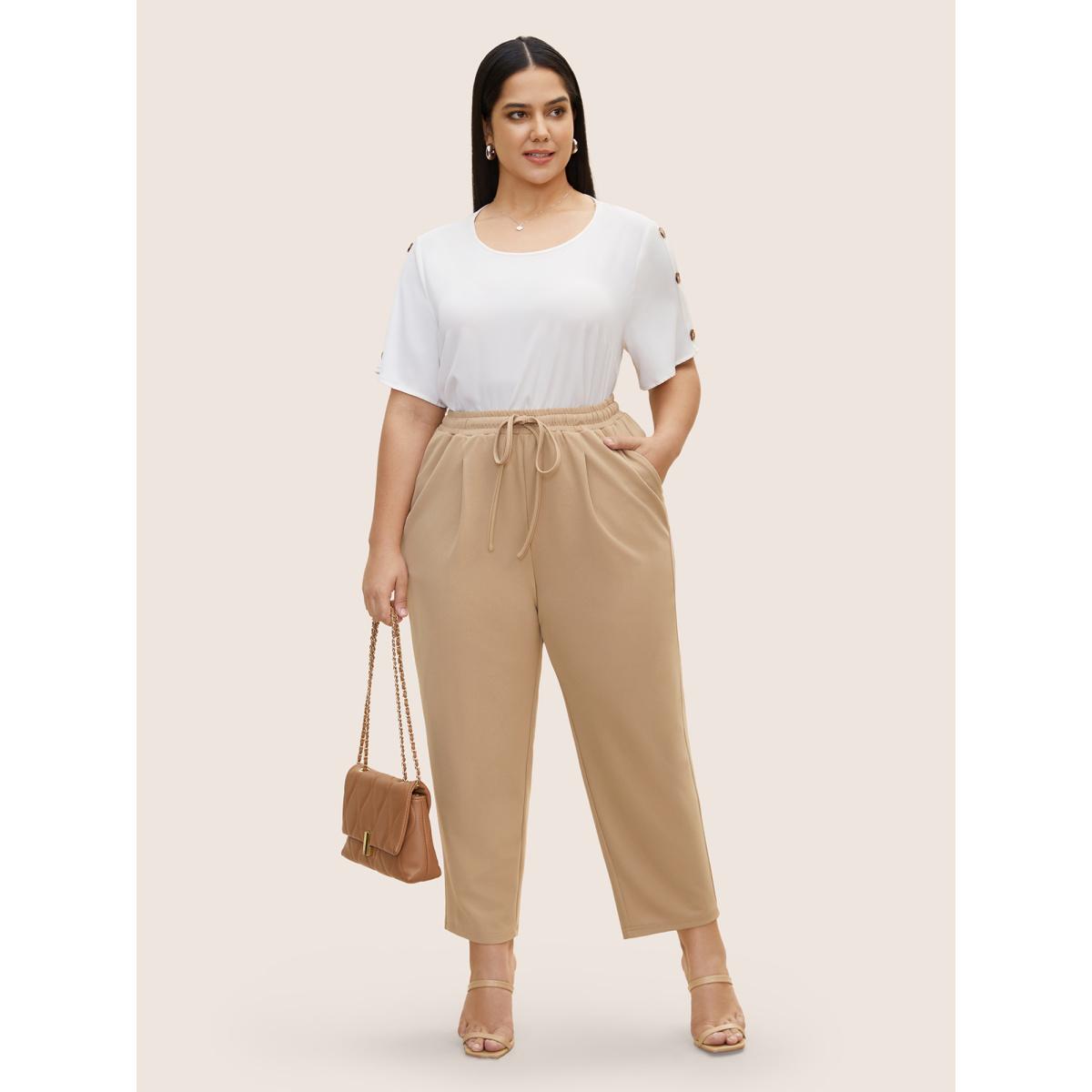 Plus Size Solid Drawstring Elastic Waist Pencil Pants Women Champagne Work From Home Mid Rise Work Pants BloomChic 18-20/2X Product Image
