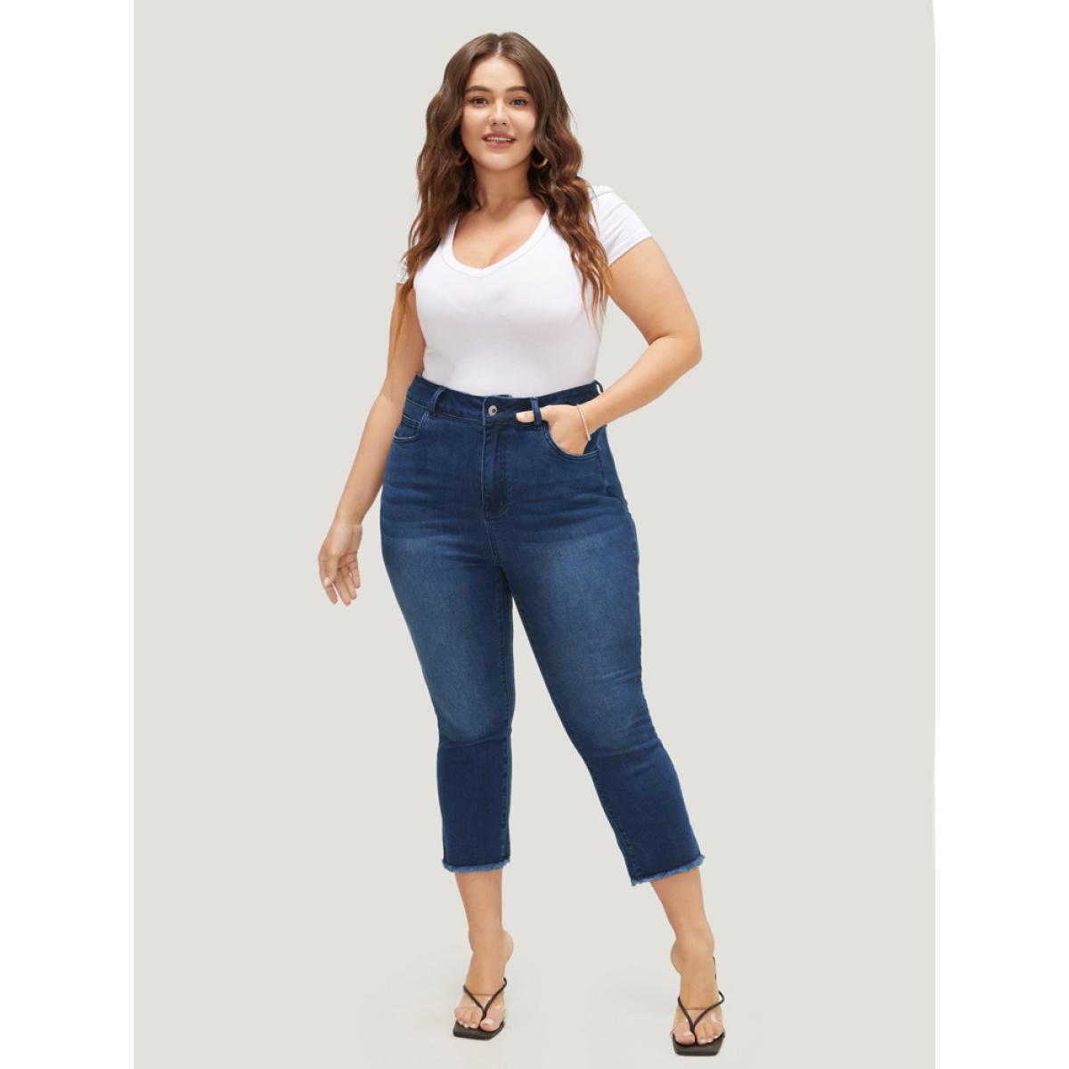 Plus Size Very Stretchy High Rise Dark Wash Raw Hem Cropped Jeans Women DarkBlue Casual Plain High stretch Pocket Jeans BloomChic 10/M Product Image