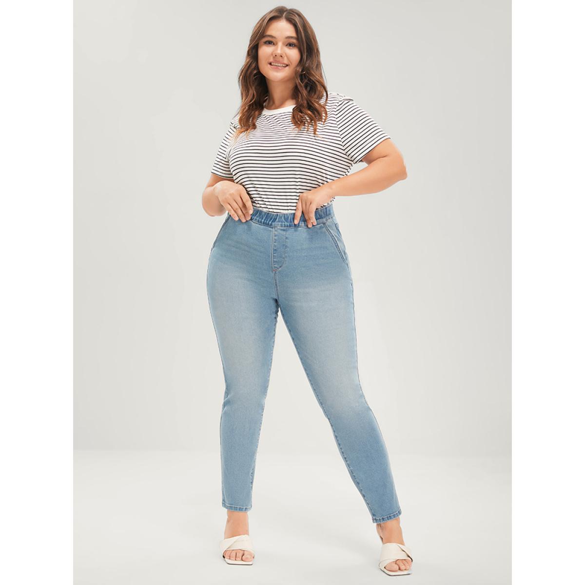 Plus Size Mom Jeans Straight Very Stretchy Mid Rise Light Wash Jeans Women Blue Casual Plain Elastic Waist High stretch Jeans BloomChic 14/1X Product Image