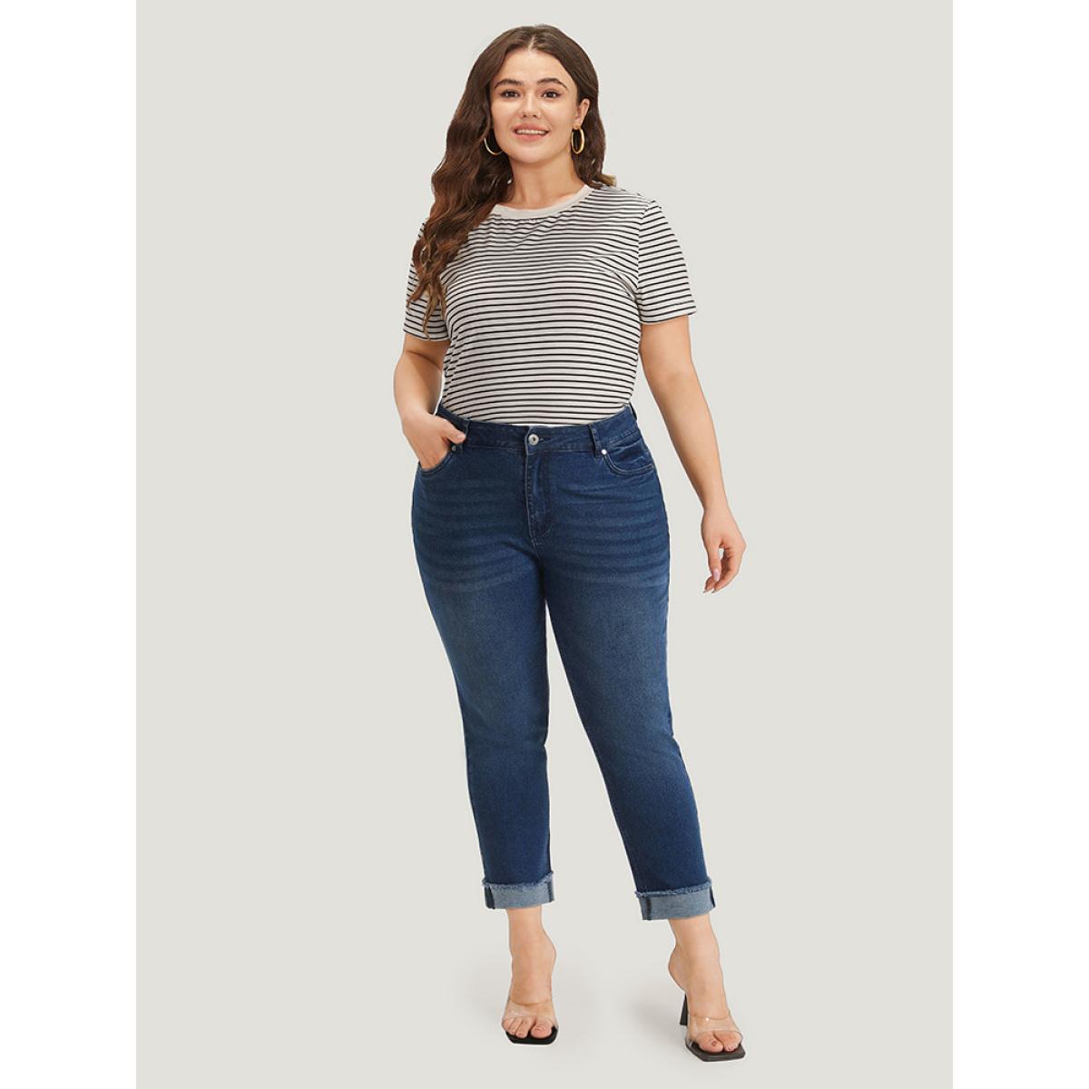 Plus Size Solid Frayed Roll Hem High Rise Jeans Women Blue Casual Plain Plain High stretch Pocket Jeans BloomChic 14/1X Product Image