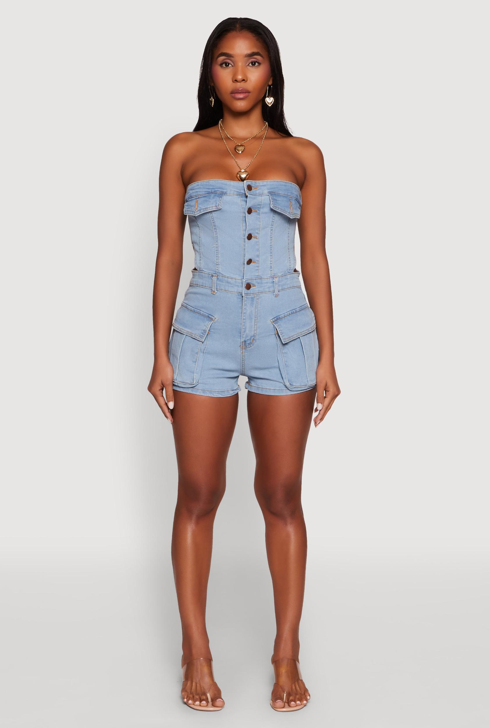 Womens Daisy Denim Cargo Pocket Sleeveless Romper Product Image