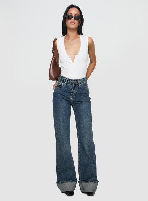 Florida Keys Mid Rise Straight Leg Cuffed Jeans Mid Blue Product Image