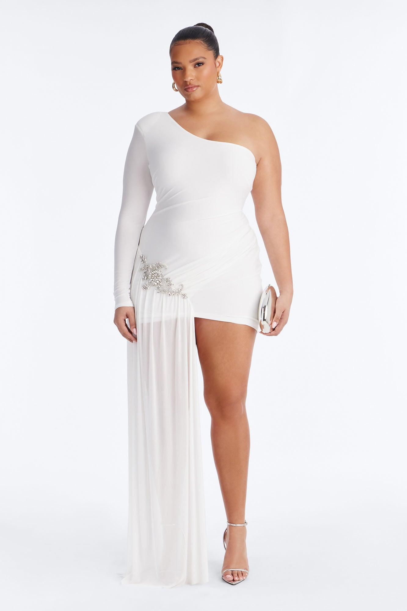 Leni One Shoulder Embellished Draped Mini Dress - White Female Product Image