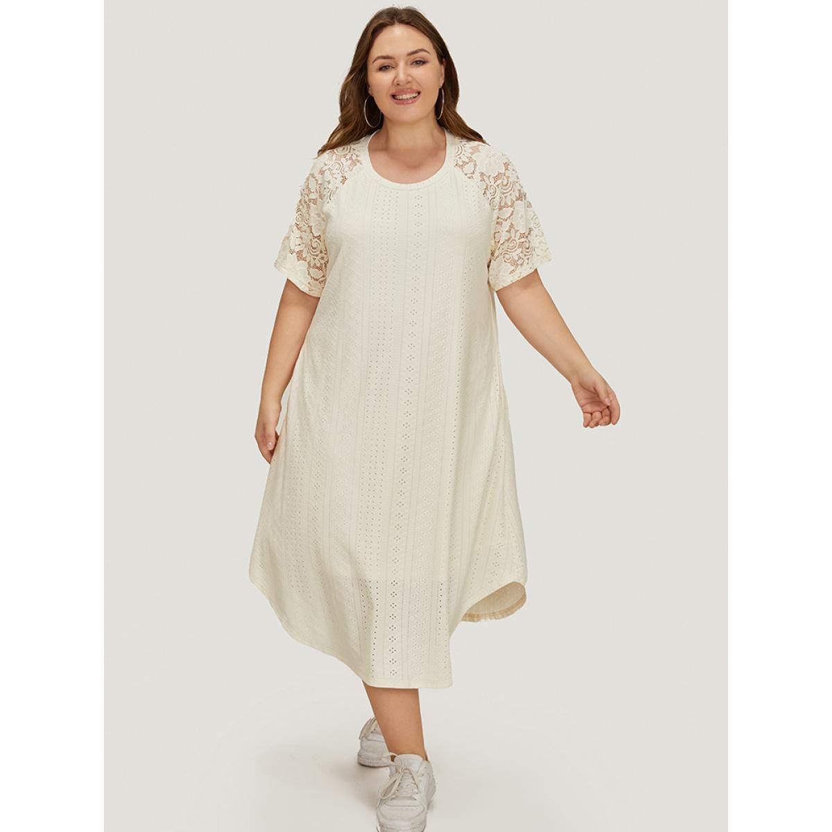Plus Size Plain Lace Sleeve Pocket Arc Hem Broderie Anglaise Dress Beige Women Casual Lined Round Neck Short sleeve Curvy Midi Dress BloomChic 22-24/3X Product Image