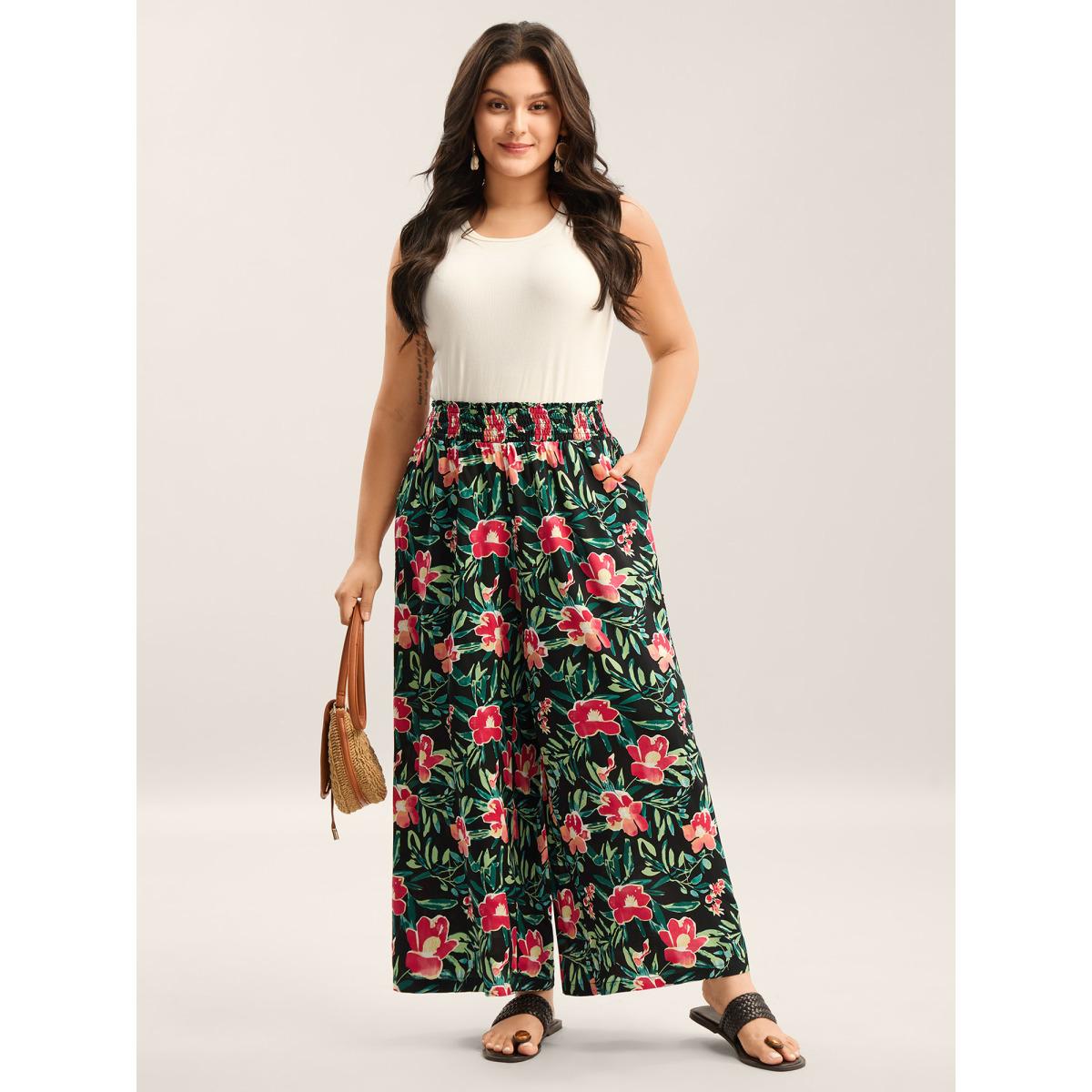 Plus Size Rayon Tropical Floral Print Shirred Wide-Leg Pants Women BlackFlower Resort Wide Leg Mid Rise Vacation Pants BloomChic 18-20/2X Product Image