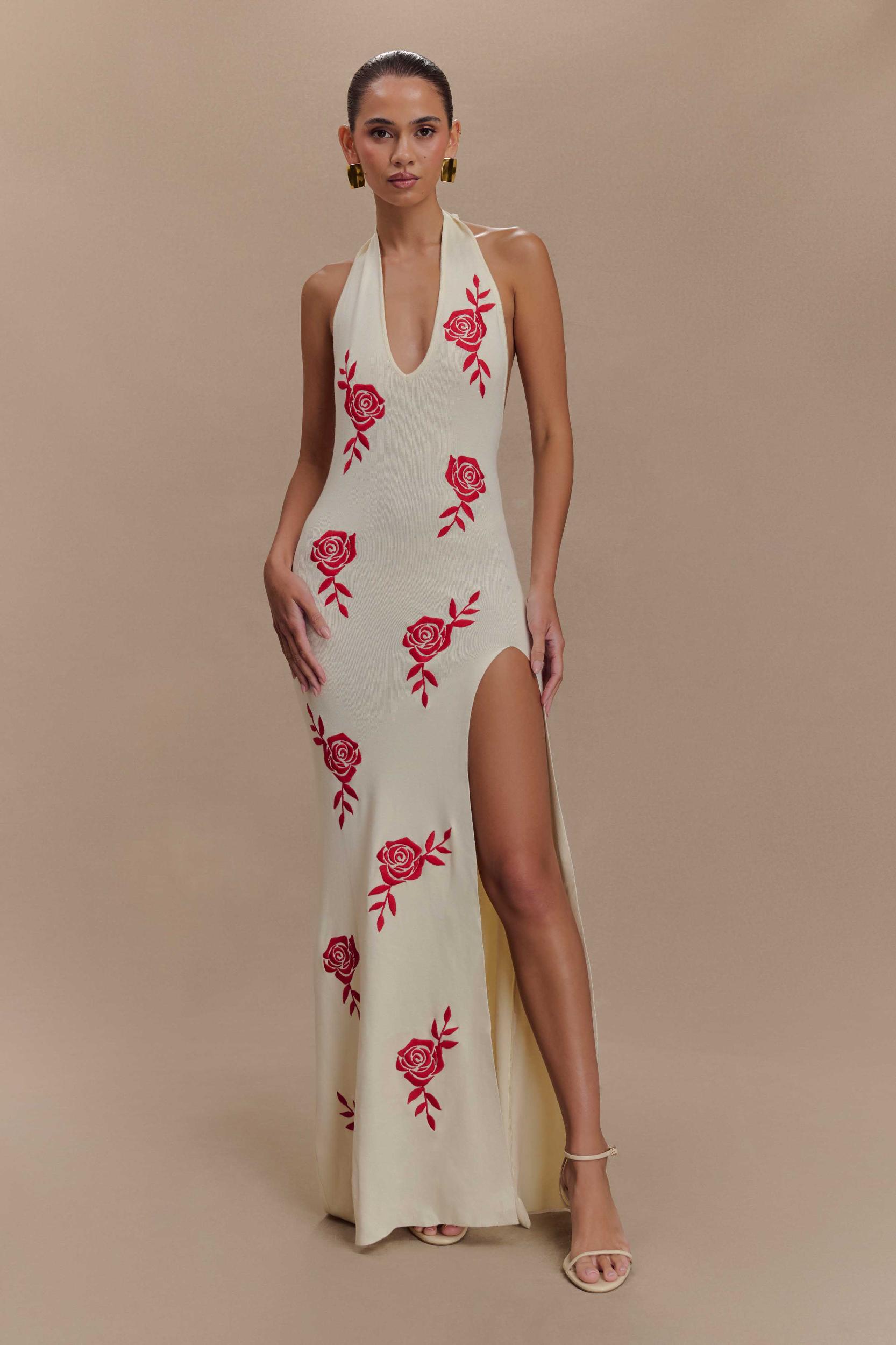 Shiloh Rose Knit Halter Maxi Dress - Ivory Product Image