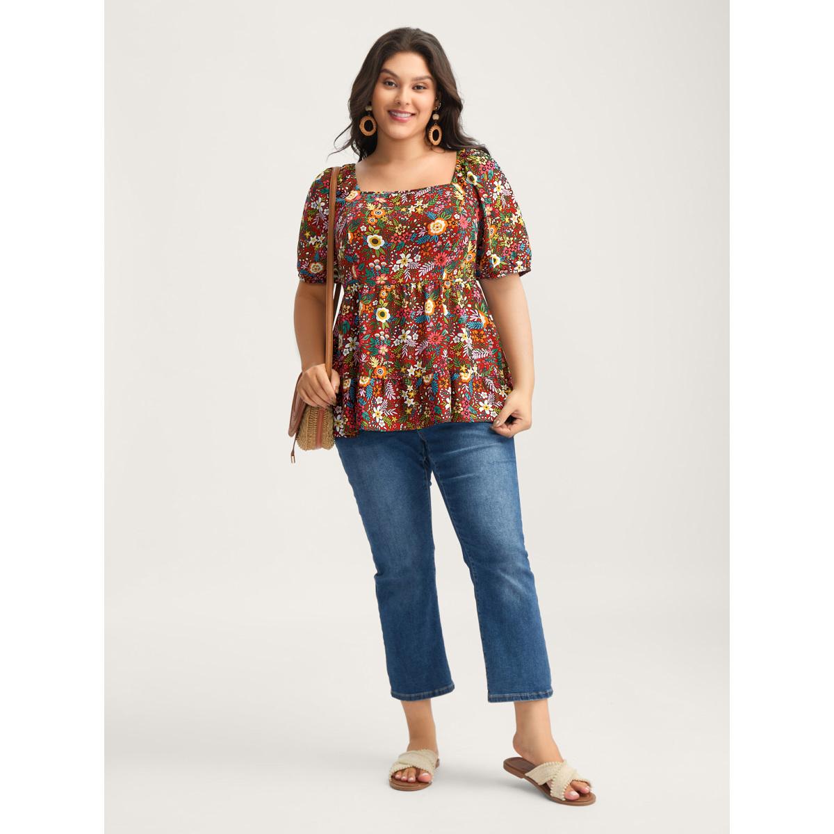 Plus Size Scarlet Floral Square Neck Fit and Flare Blouse Women Playful Short sleeve Square Neck Vacation Blouses BloomChic 22-24/3X Product Image