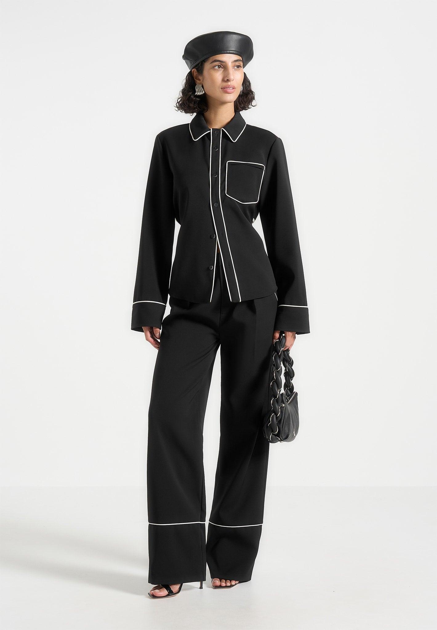 Mina - Contrast Piped Pleated Trousers - Black/White Female Product Image