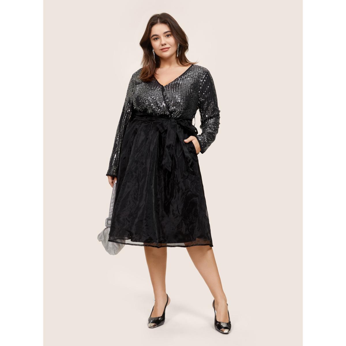 Plus Size Sequin Mesh Patchwork Wrap Belted Dress Black Women Cocktail Sequin Overlap Collar Long Sleeve Curvy Midi Dress BloomChic 26/4X Product Image