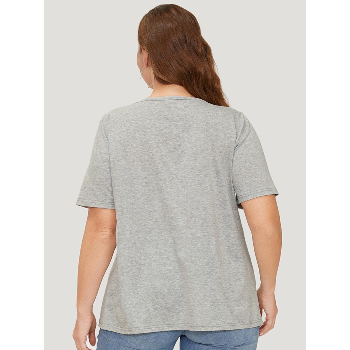 Plus Size Eagle & Floral Print Keyhole Neck T-shirt Gray Women Casual Keyhole Western Dailywear T-shirts BloomChic 10/M Product Image