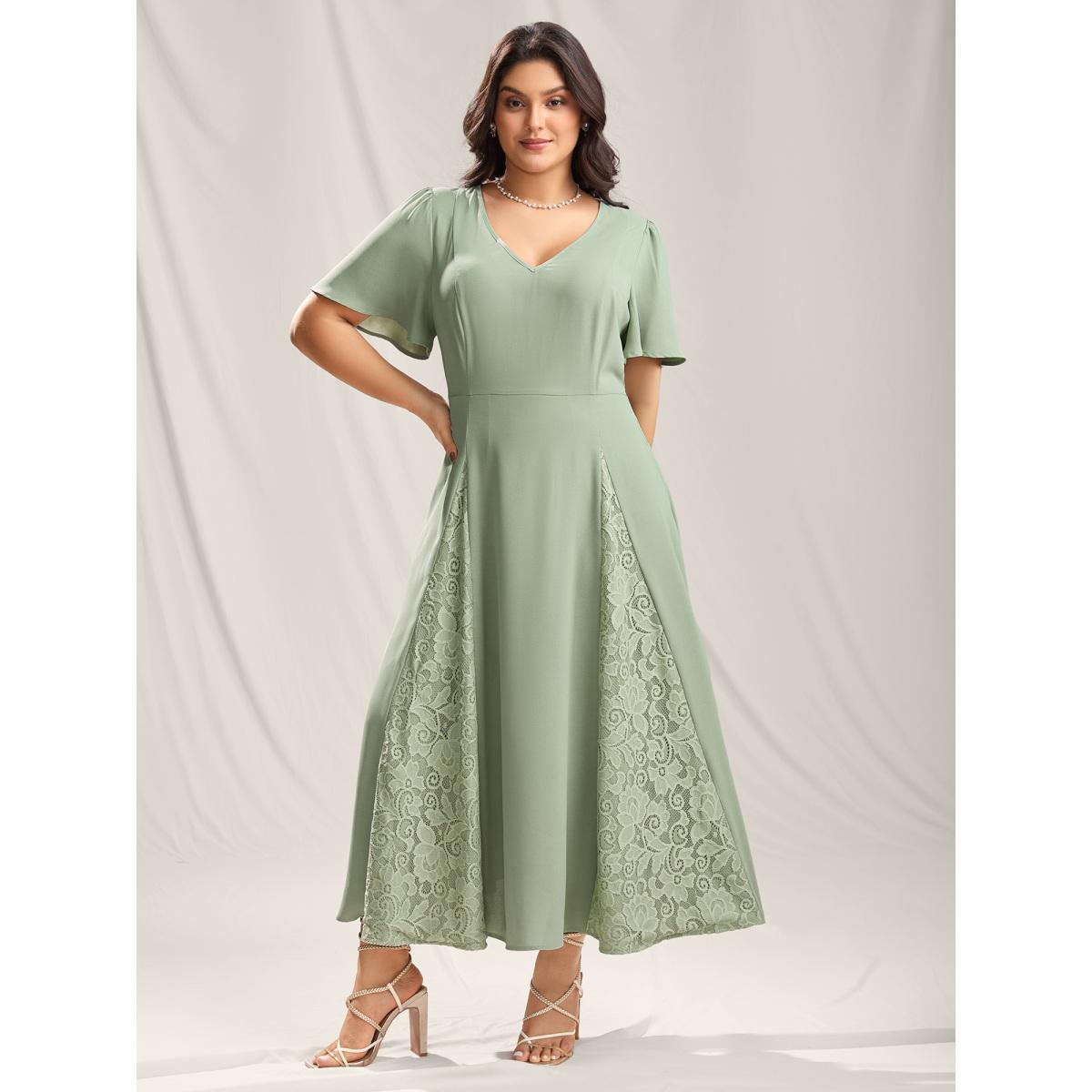 Plus Size Lace Panel Cinched-Waist Maxi Dress Sage Women Romantic V-neck Short sleeve Curvy BloomChic 26/4X Product Image