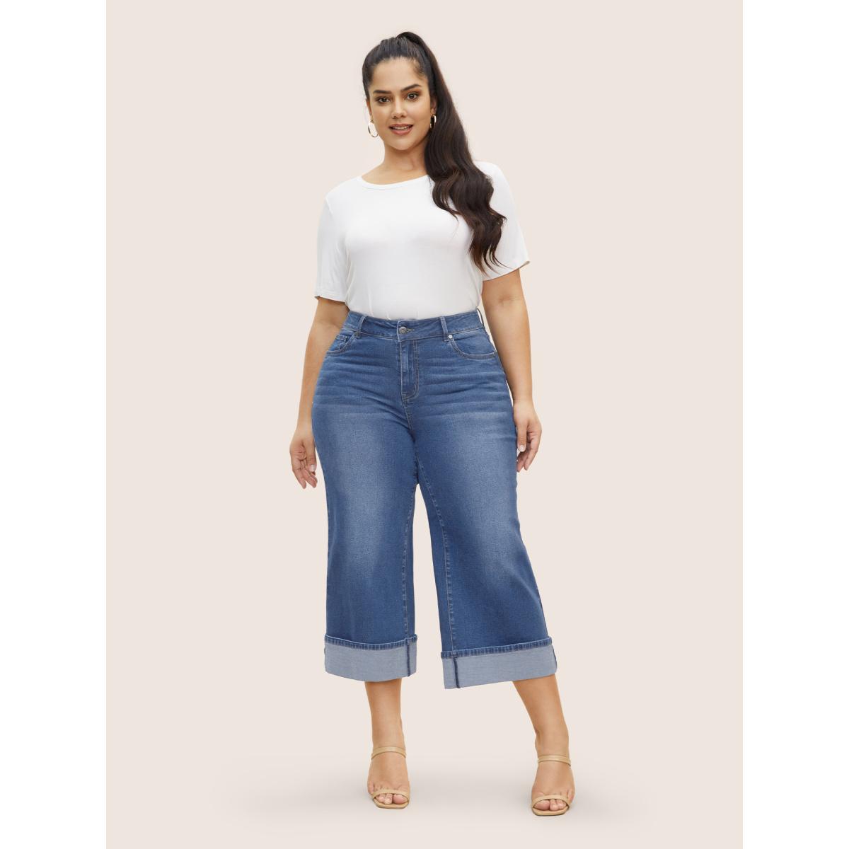 Plus Size Dark Wash Roll Hem Cropped Wide Leg Jeans Women Midblue Casual High stretch Slanted pocket Jeans BloomChic 12/L Product Image