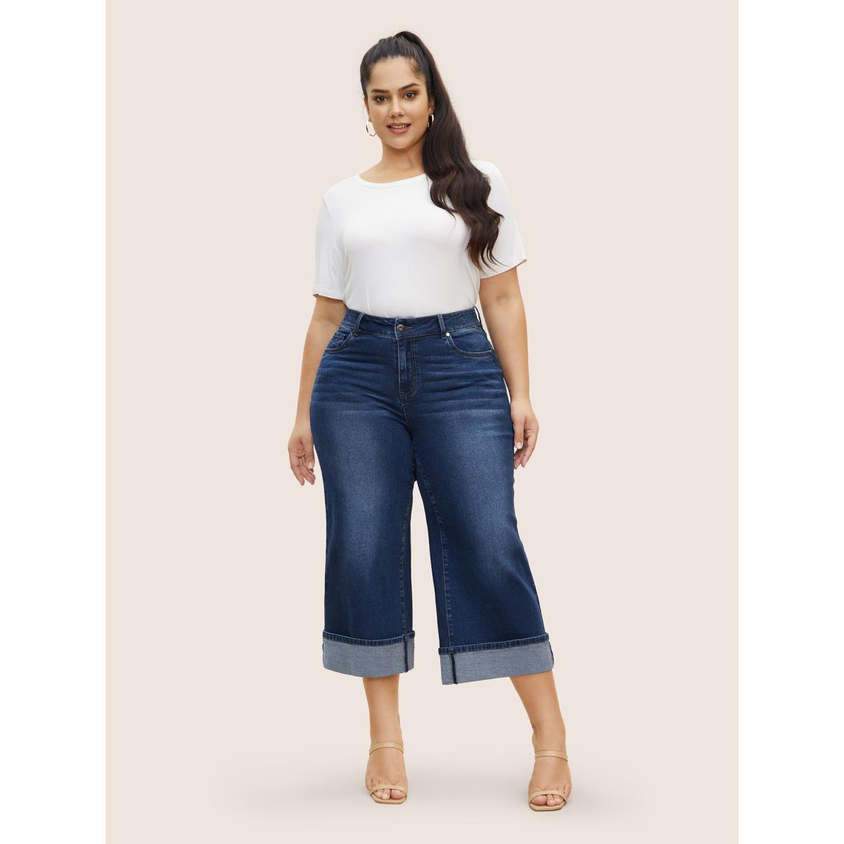 Plus Size Dark Wash Roll Hem Cropped Wide Leg Jeans Women Denimblue Casual High stretch Slanted pocket Jeans BloomChic 18/2X Product Image