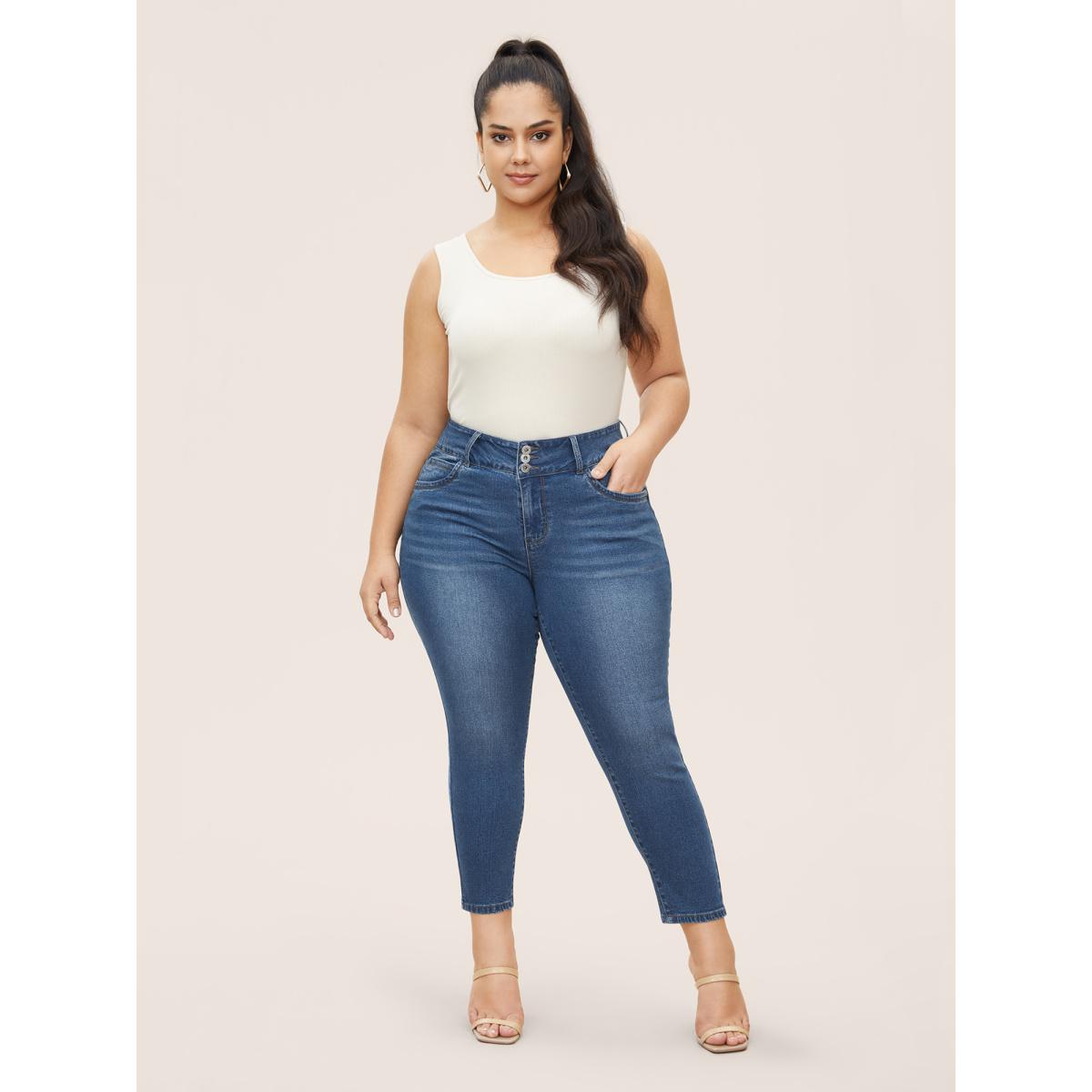 Plus Size Medium Wash Slim Cropped Jeans Women Blue Casual Button High stretch Slanted pocket Jeans BloomChic 18/2X Product Image