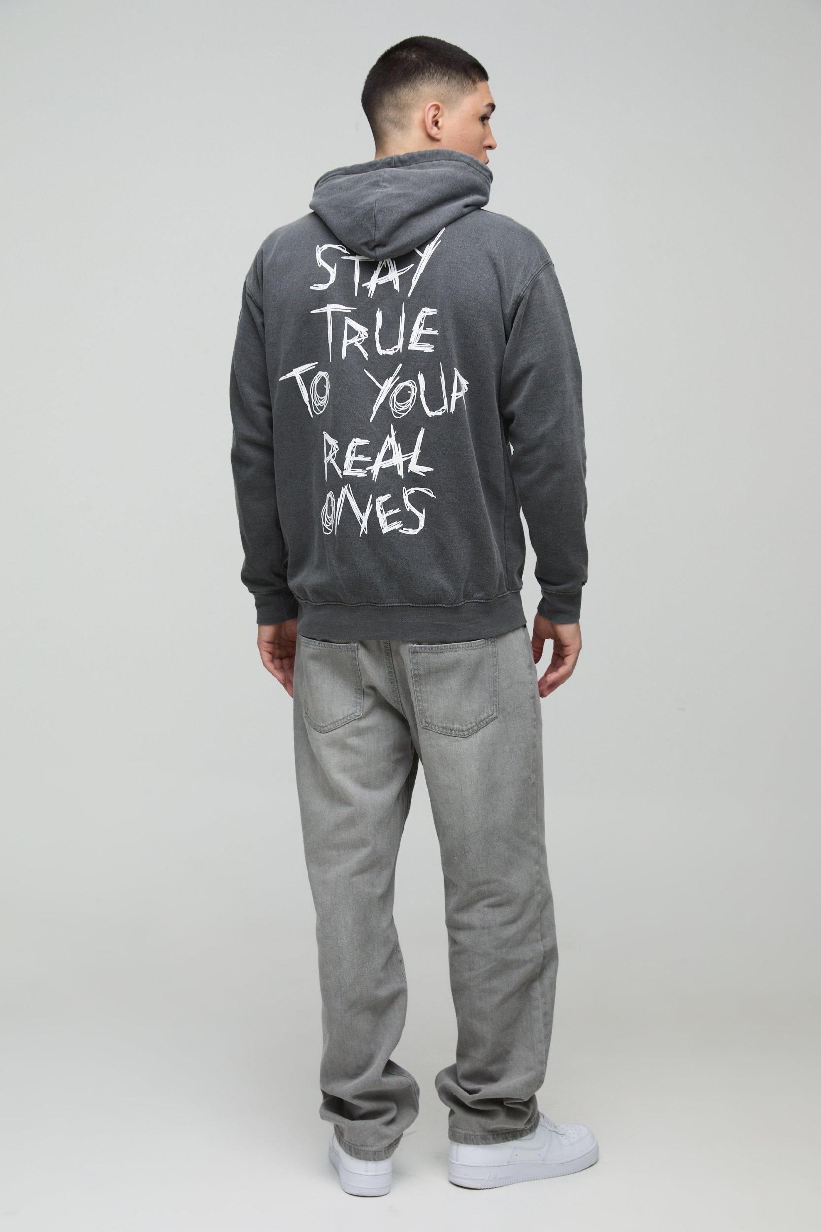 Regular Fit Washed Stay True Text Graphic Hoodie | boohooMAN USA Product Image