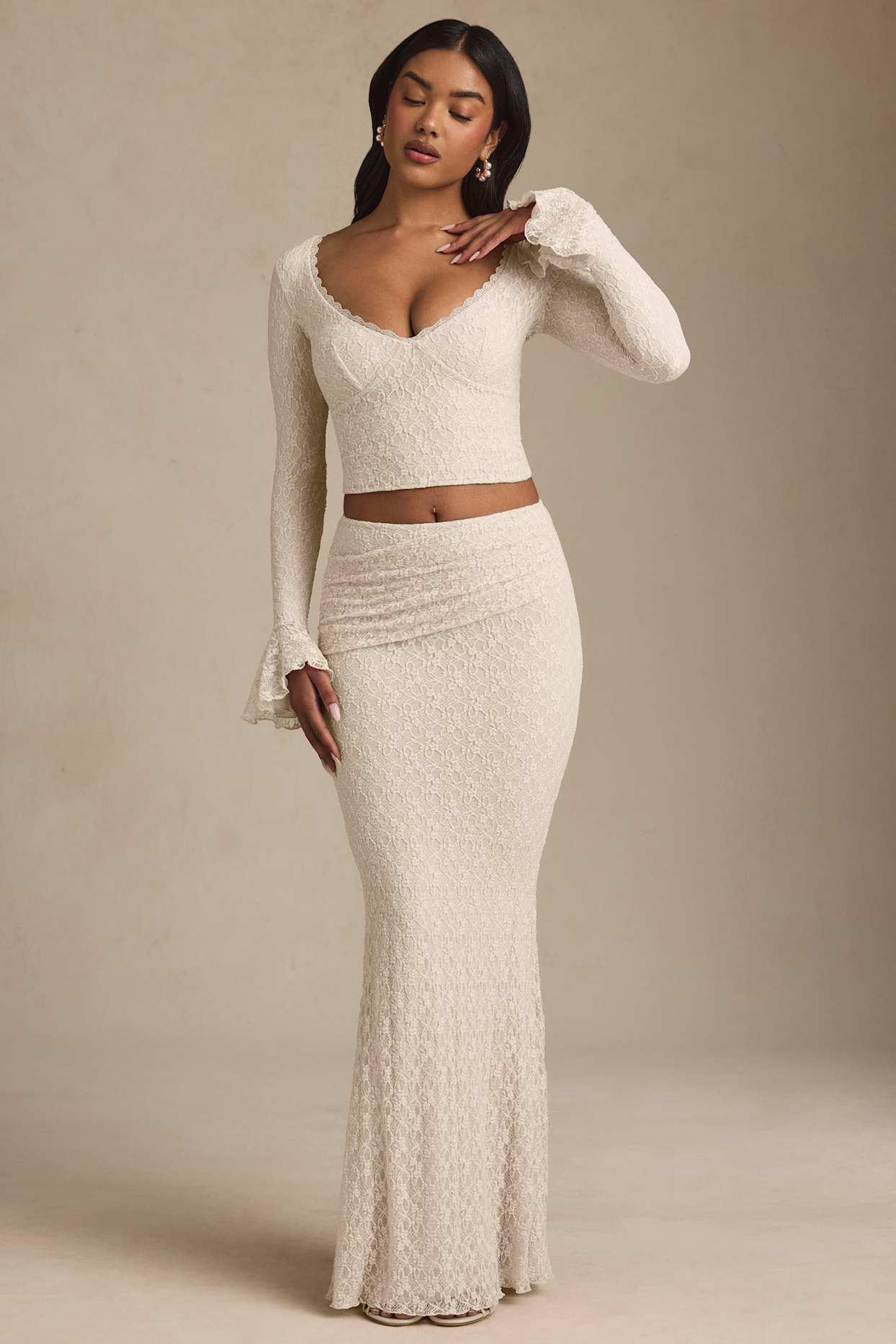 Draped Low-Rise Lace Maxi Skirt in Ivory Product Image