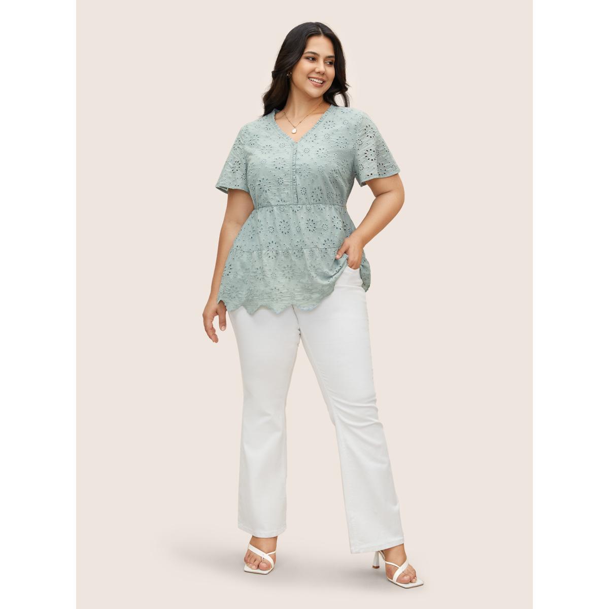 Plus Size Arctic Plain Broderie Anglaise Flutter Sleeve Blouse Women Elegant Short sleeve V-neck Everyday Blouses BloomChic 10/M Product Image