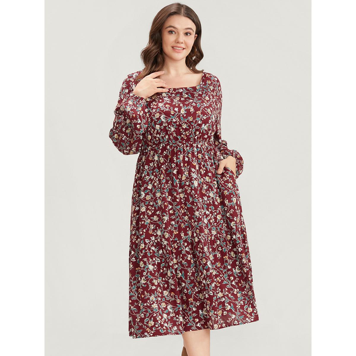 Plus Size Floral Pocket Lantern Sleeve Square Neck Flutter Dress Scarlet Women Elegant Tiered Square Neck Long Sleeve Curvy Midi Dress BloomChic 12/L Product Image