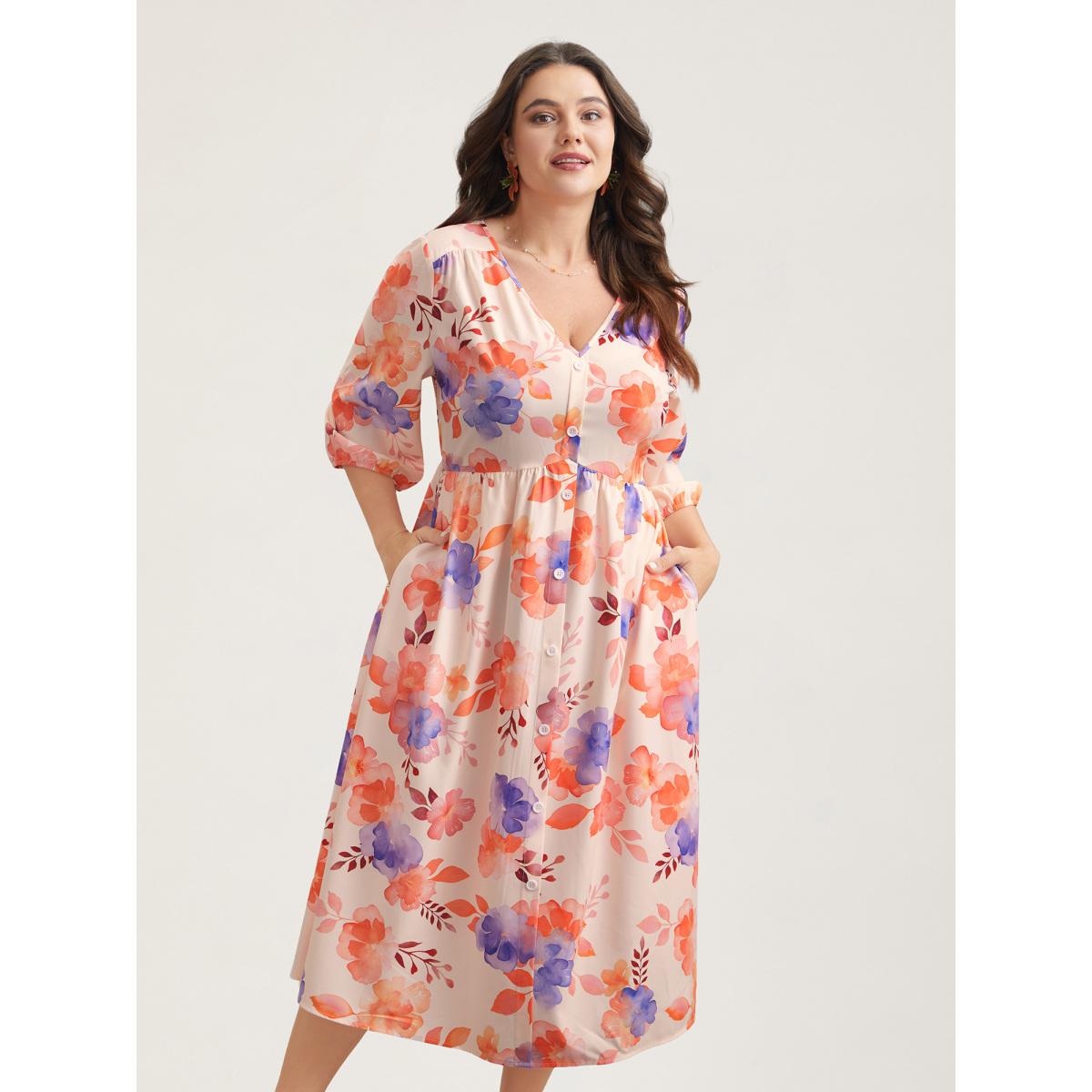 Plus Size Floral Fusion Front-Placket Midi Dress Blush Women Elegant Button V-neck Elbow-length sleeve Curvy BloomChic 22-24/3X Product Image