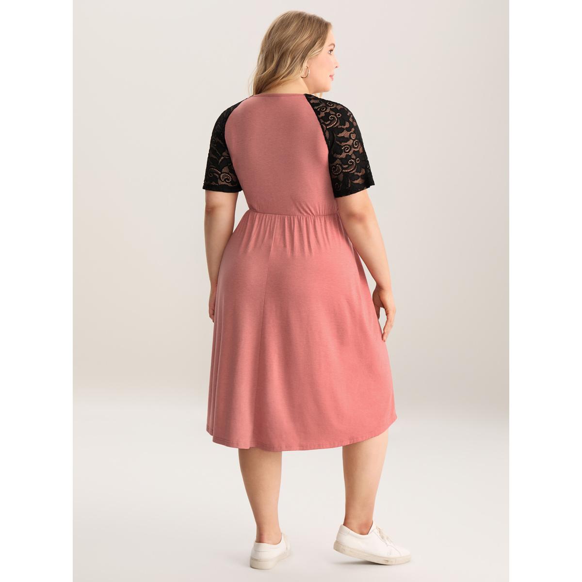 Plus Size Stretchy Color Contrast V-Neck Midi Dress Watermelon Women V-neck Short sleeve Curvy BloomChic 18-20/2X Product Image
