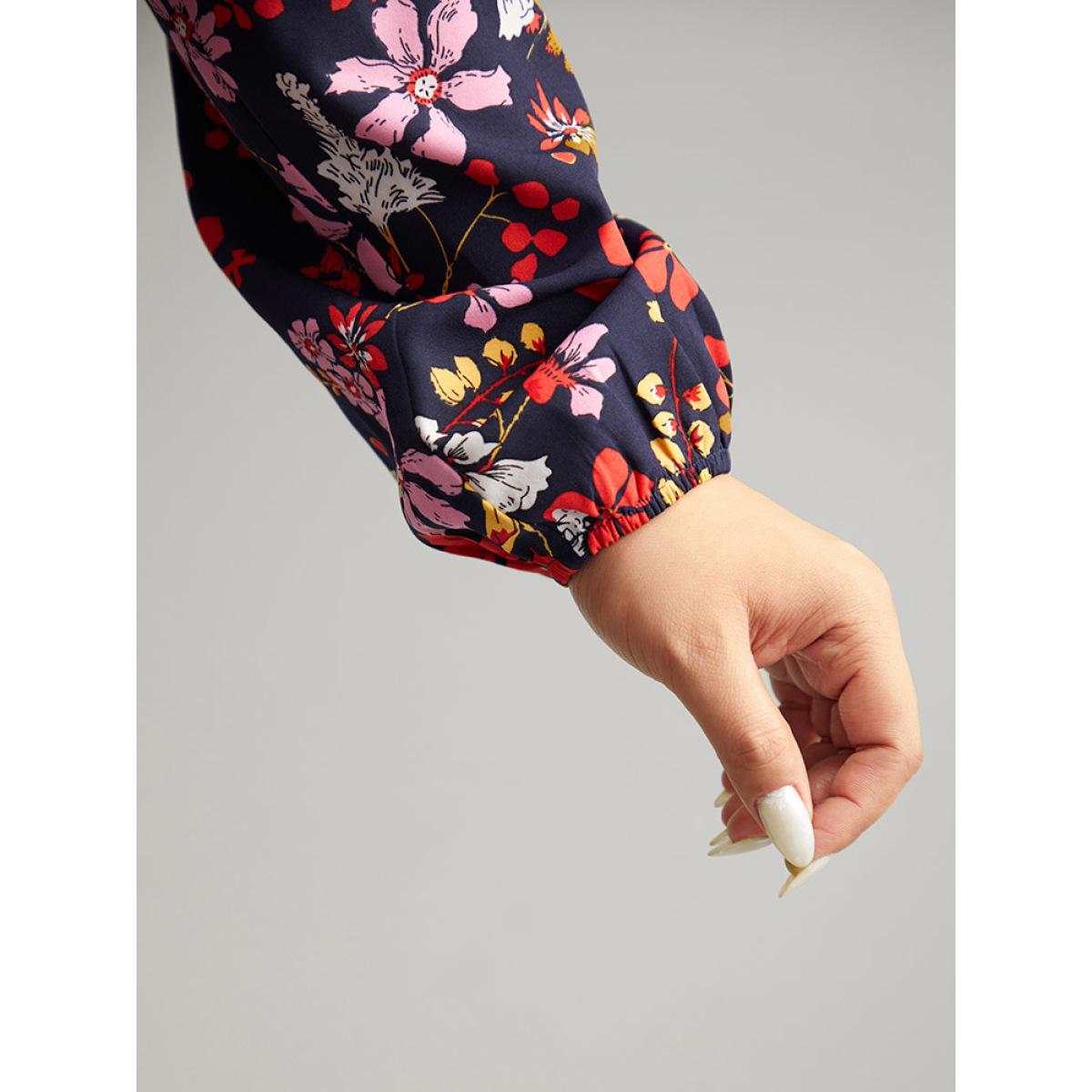 Plus Size Multicolor Floral Print Gathered Lantern Sleeve Blouse Women Elegant Long Sleeve V-neck Dailywear Blouses BloomChic 22-24/3X Product Image