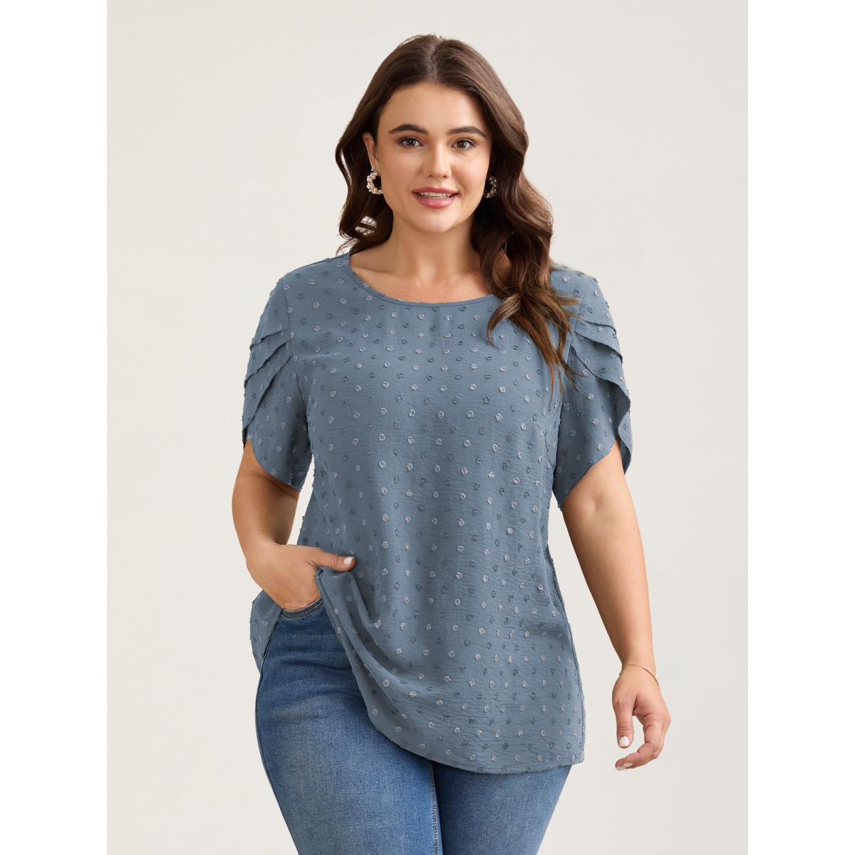 Plus Size Stone Textured Color Contrast Petal Sleeve Blouse Women Timeless Short sleeve Round Neck Elegant Blouses BloomChic 28/5X Product Image