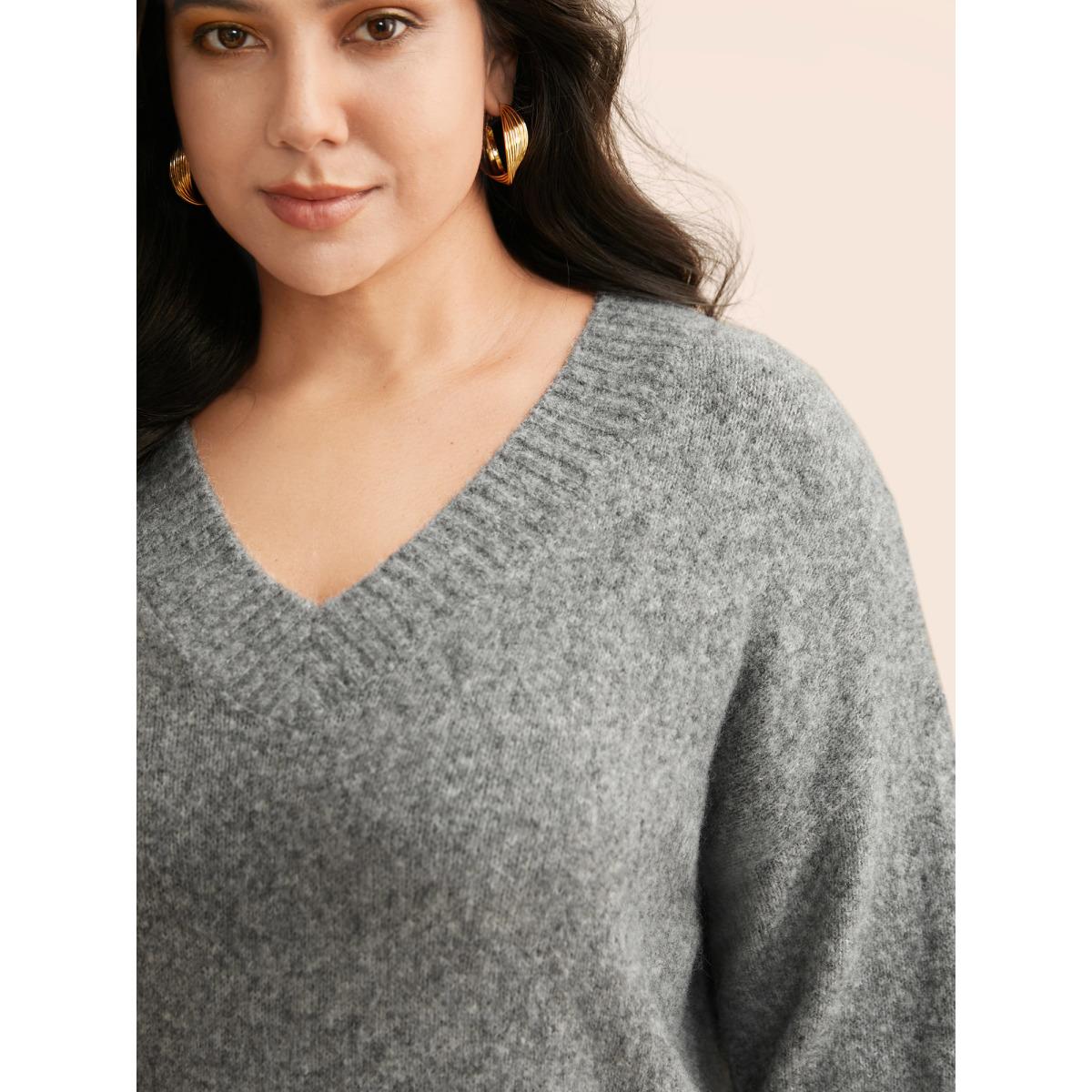 Plus Size Airy Cozy V Neck Drop Shoulder Pullover DimGray Women Casual Long Sleeve V-neck Everyday Pullovers BloomChic 12/L Product Image