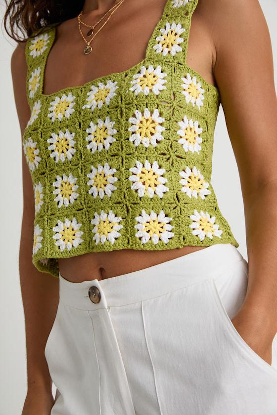 Tamren Lime Green and Yellow Crochet Knit Crop Tank Top Product Image