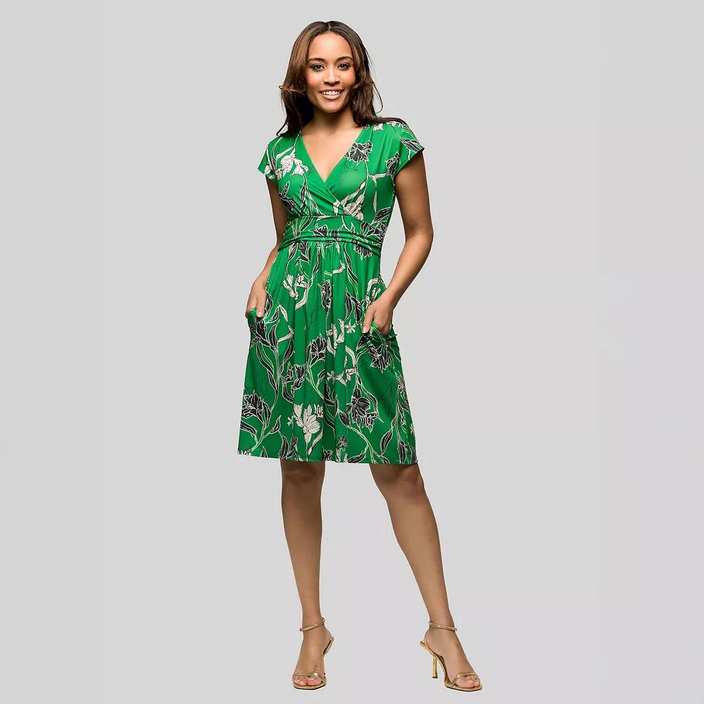 Women's 24Seven Comfort Apparel Green Floral V-Neck Cap Sleeve Midi Dress, Size: XL, Green Team Product Image
